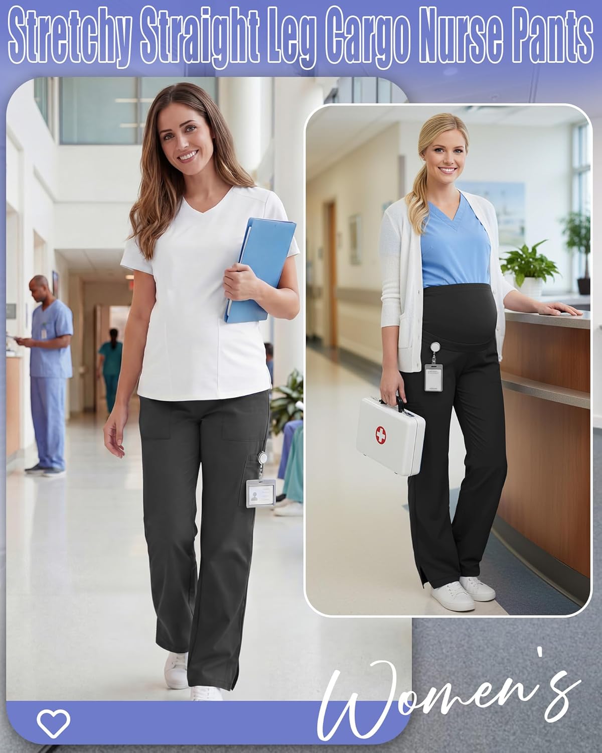 2 Pack Women's Maternity Scrub Pants with 6 Pockets Pregnancy Workwear Stretchy Straight Leg Cargo Nurse Pants