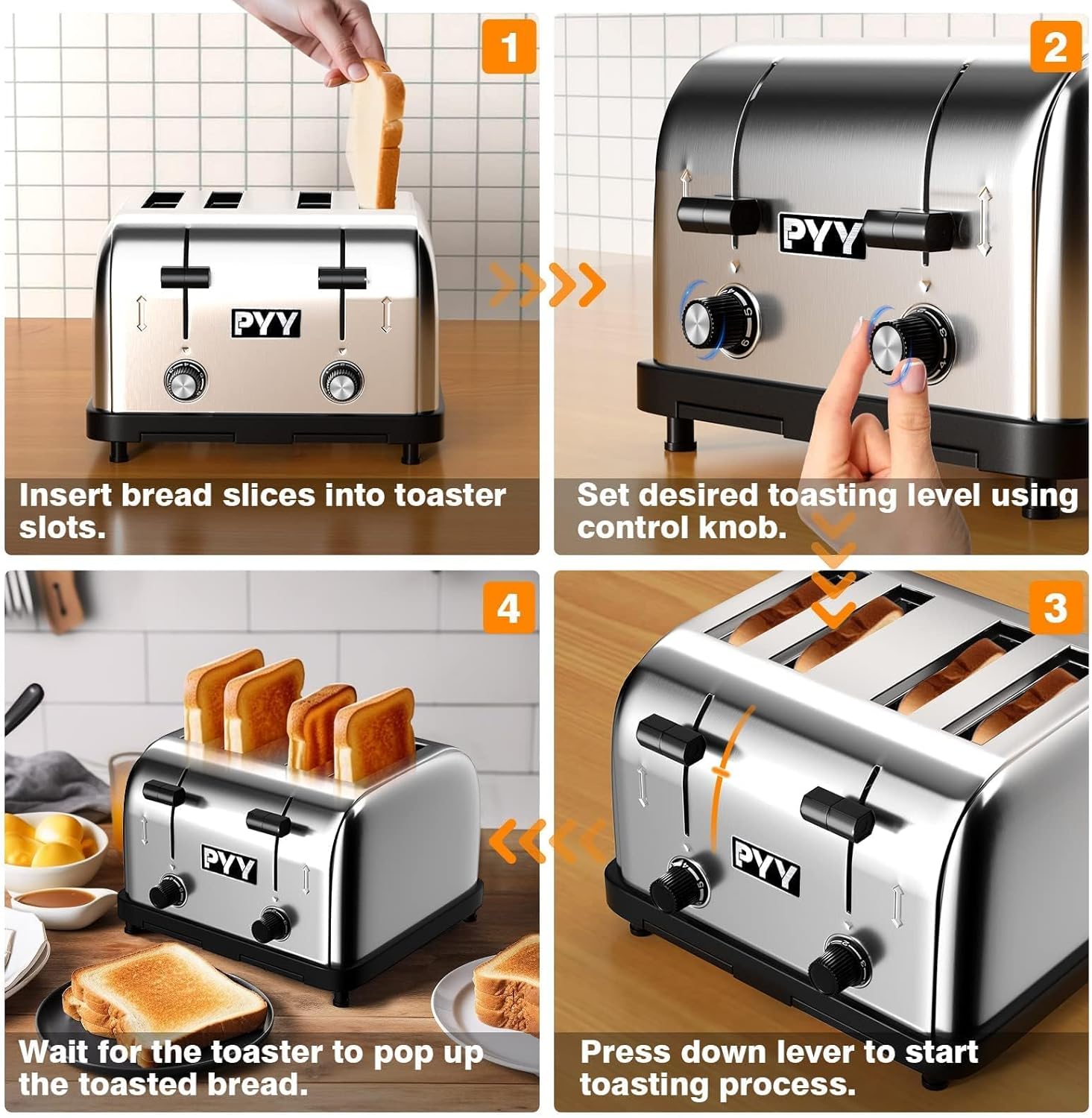 PYY Commercial Toaster 4 Slices - 225 Slices/Hour Stainless Steel Silver Bread Toaster, 1800W with 6 Speed Level, Dual Controls and Removable Crumb Tray, for Family and Commercial