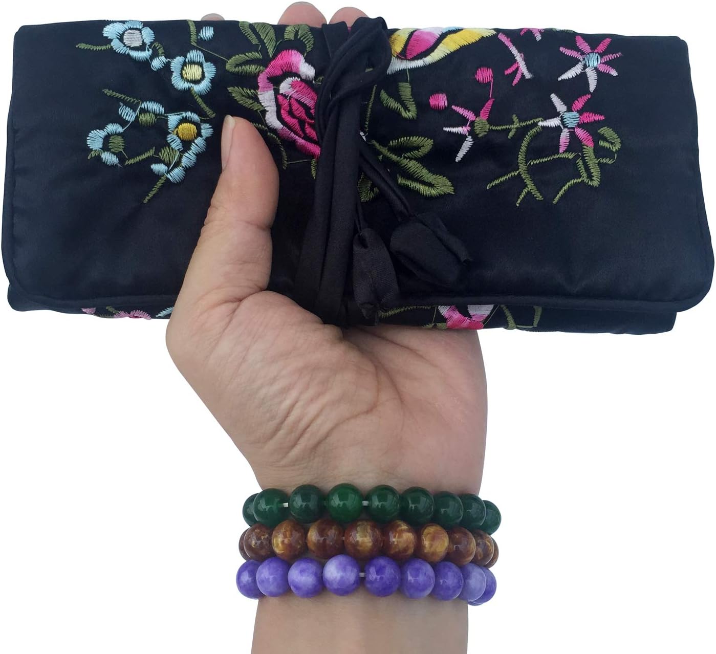 Gold Fortune Travel Jewelry Roll Bag - Silk Embroidered Brocade Pouch for Rings, Necklaces, Earrings, Bracelets | Lightweight & Tie Closure (Black)