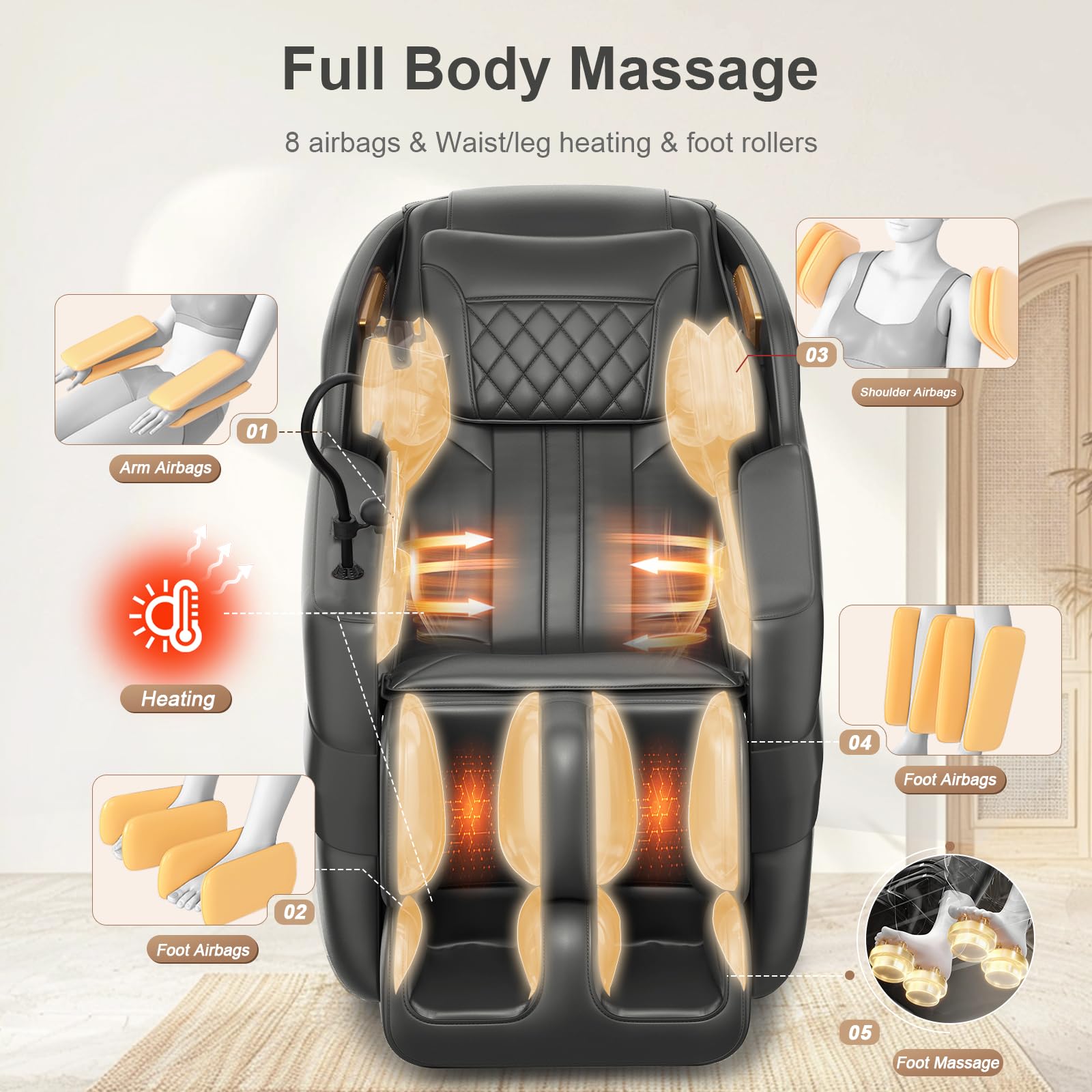 3D SL-Track-Massagesessel Ganzkörper-Massagesessel 8 Luftkammern Heizfunktion Fußrollenmassage KI-Sprachsteuerung Bluetooth-Lautsprecher Zero-Gravity-Modus