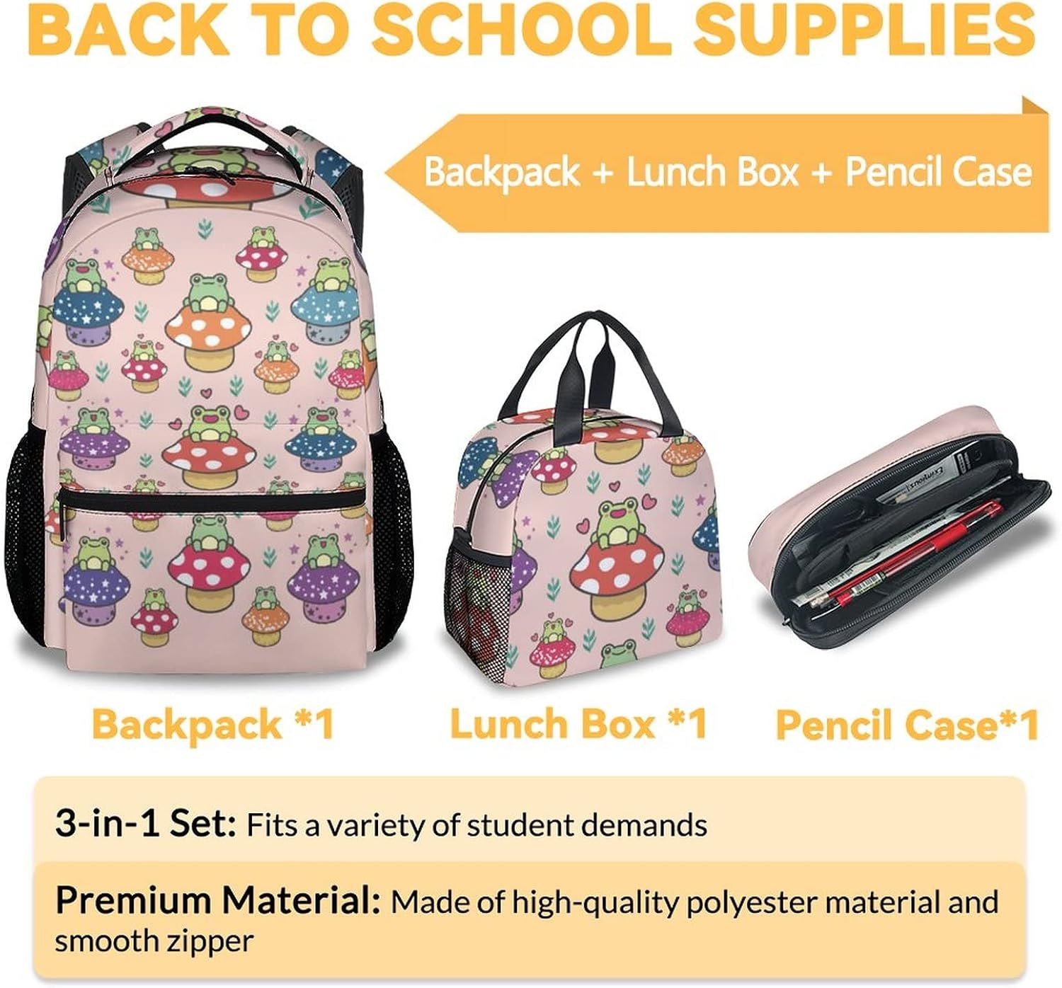 Bookbag Bundles with Lunch Box and Pencil Case Set, Frog Backpack for Girls, Pink Schoolbag Combo for Kids, Cute Backpacks and Pencil Pouch Lunch Bag for Elemrntary