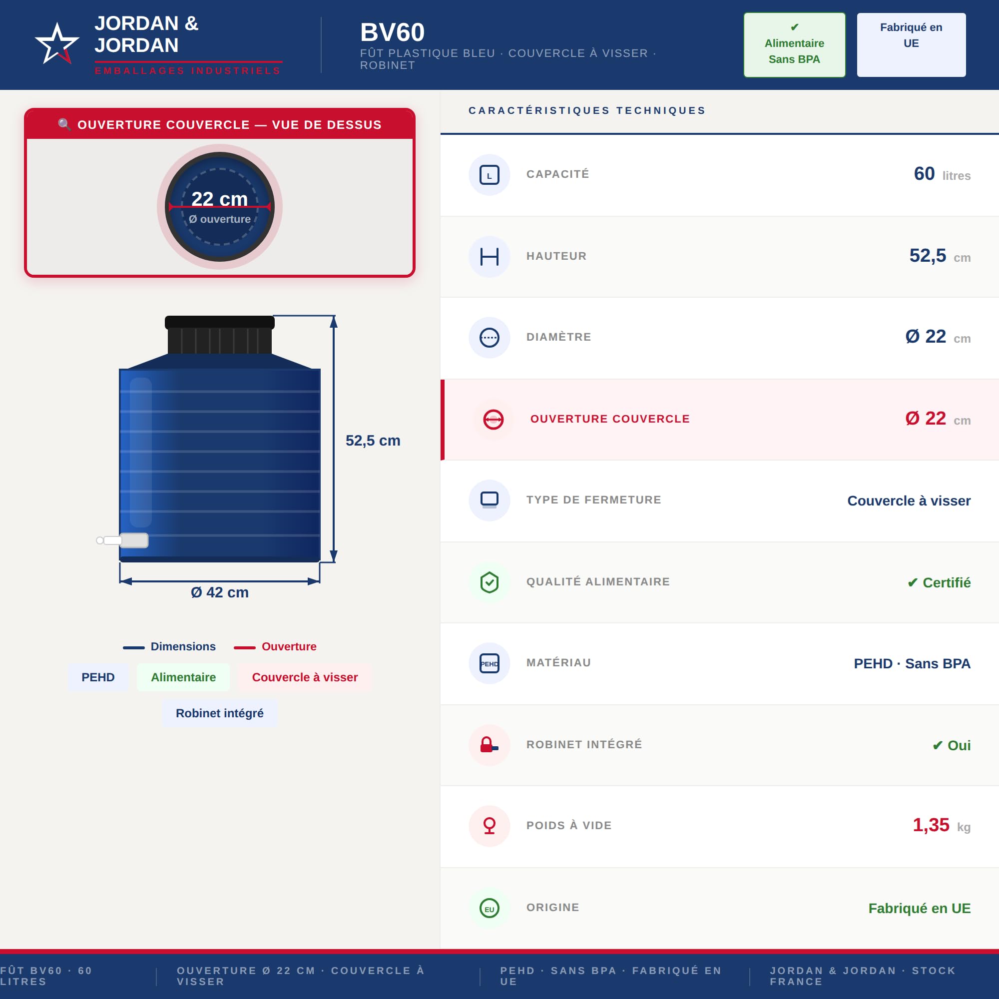 Jordan & Jordan — Lot de 2 x Fût Plastique Alimentaire 60L PEHD — Couvercle à Visser + Robinet de Sortie — Fermentation, Eau, Huiles — Certifié Alimentaire sans BPA