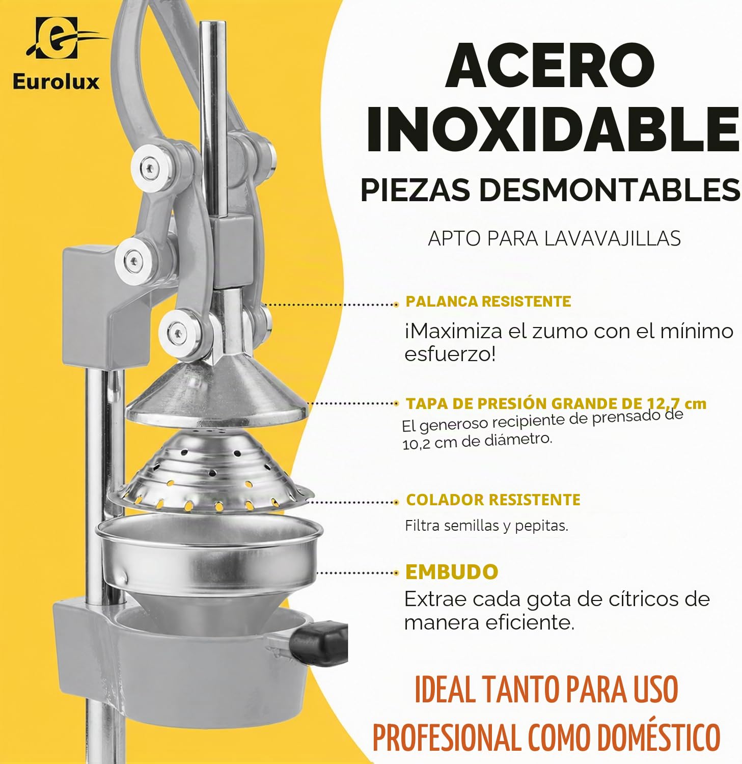 Eurolux Exprimidor de hierro fundido ultra premium, extra grande, resistente, grado comercial, prensa manual de acero inoxidable, exprimidor de cítricos para jugo de naranja fresco, granada, limón y