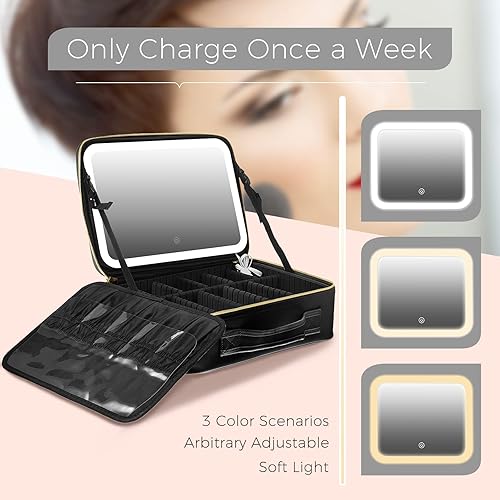 Miniatura 4 de Estuche de maquillaje de viaje, bolsa de maquillaje de viaje con espejo iluminado, bolsa de maquillaje portátil, organizador de 3 ajustes de color,