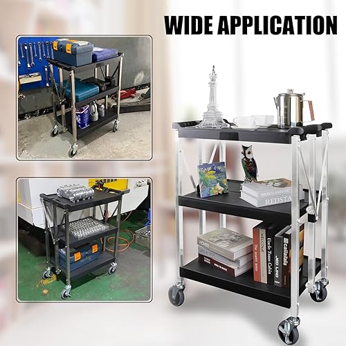 Miniatura 7 de Carrito de servicio plegable, carrito rodante con marco de acero inoxidable de 3 niveles con ruedas giratorias de 360, carrito plegable multiusos de