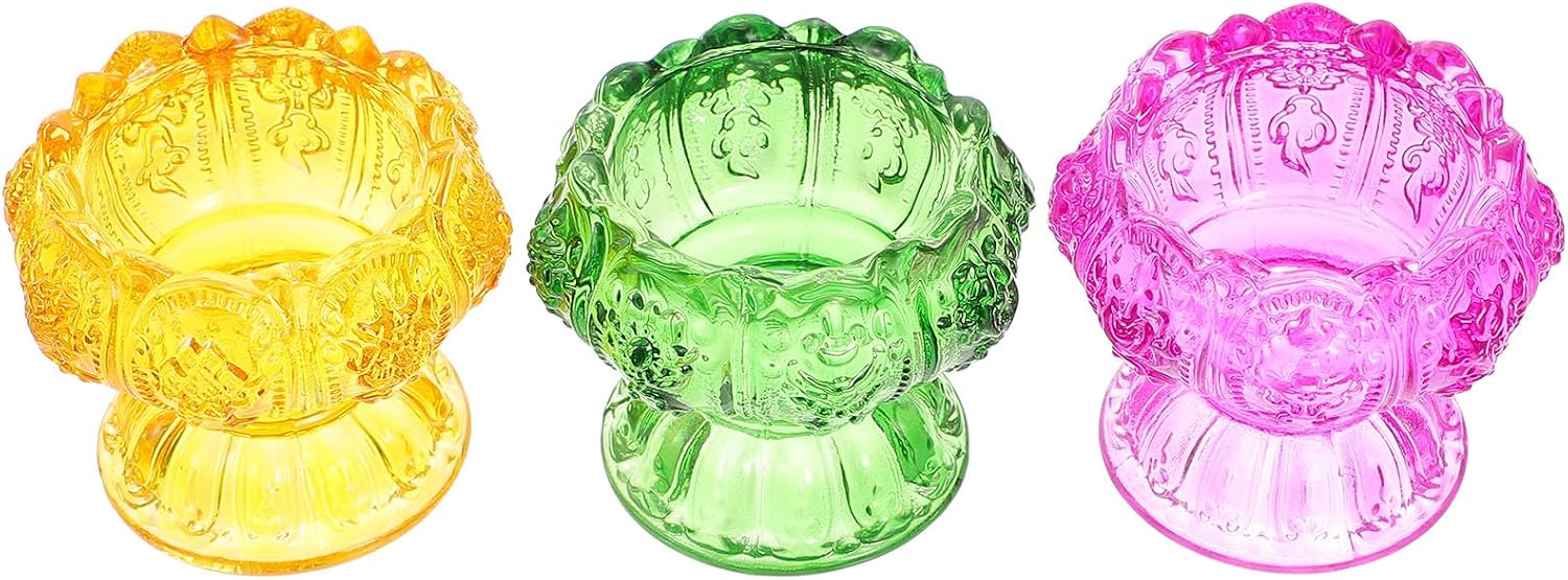 Uonlytech Butter Lamp Candleholders Set of 3 Glass Tealight Stands High Base Crystal Candle Holders Religious Style Desktop Decor for Home and Meditation