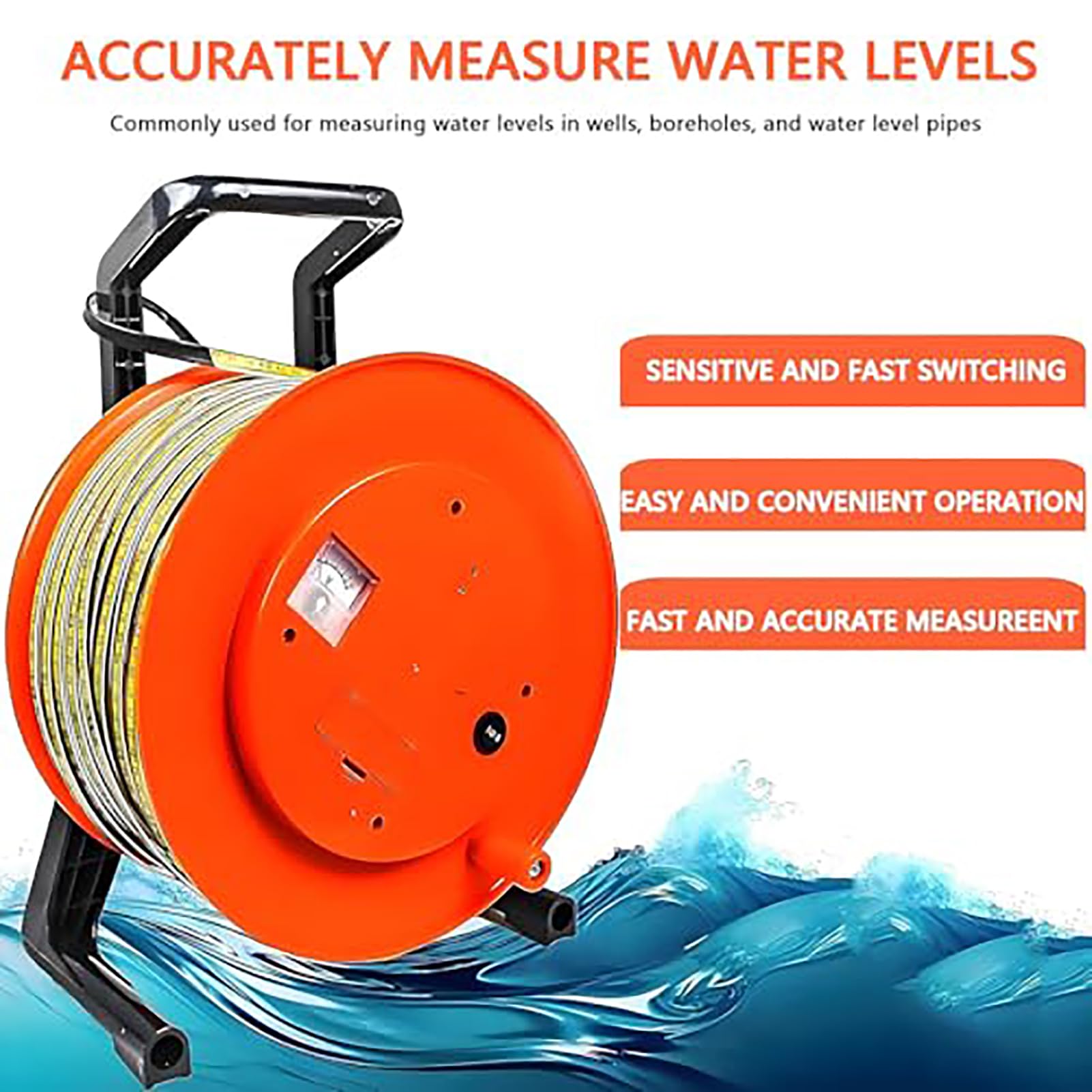 GAOXIAO Medidor de Nivel de Agua Portátil para Pozos Profundos, Medidor de Profundidad con Sonda de Acero Inoxidable, Luz Indicadora, Indicador de Pico Electrónico 300m(984ft)