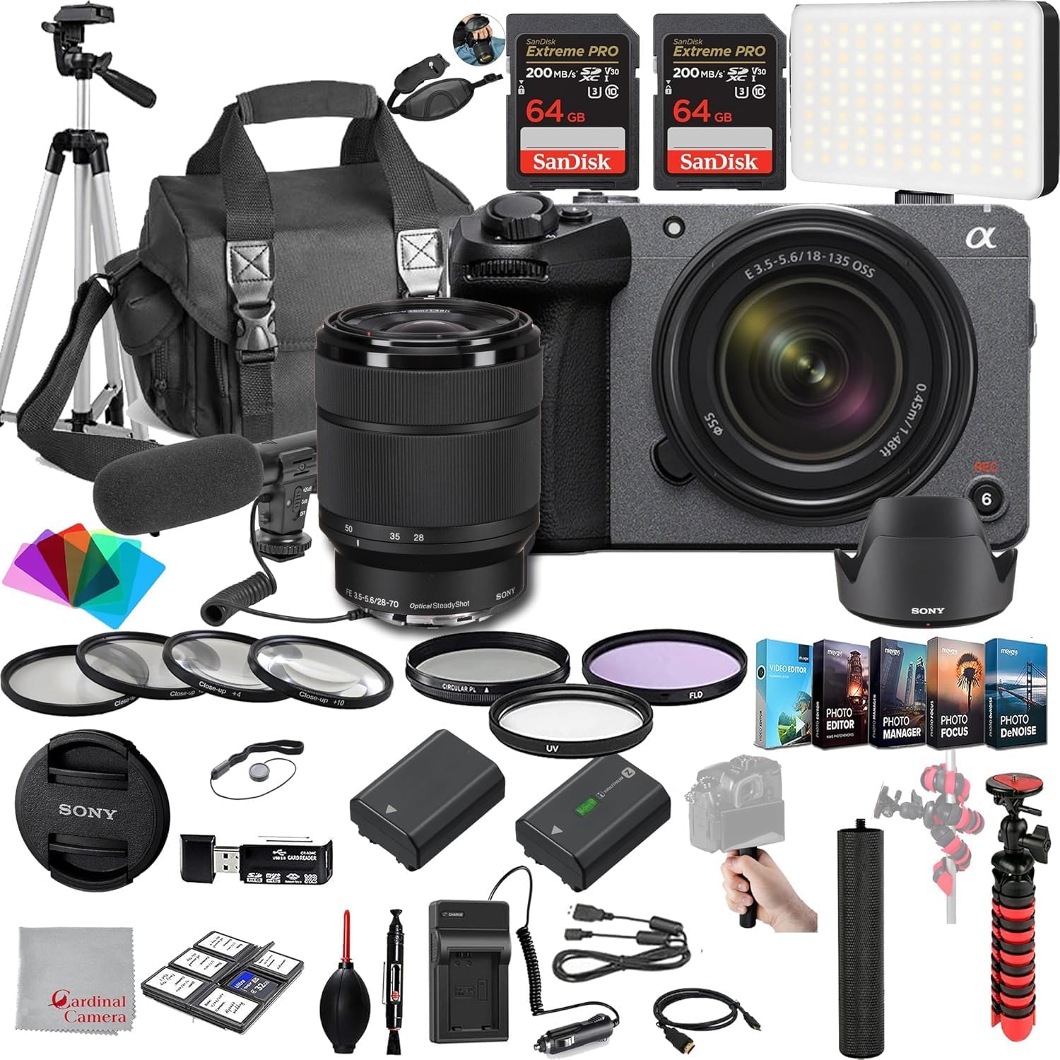 FX30 Digital Cinema Camera with 28-70mm Lens, 128GB Extreme Speed Memory,Microphone, 120LED Video Light, Tripod, Filters, Hood, Grip,Spare Battery & Charger, Software Kit -Deluxe Bundle, Black