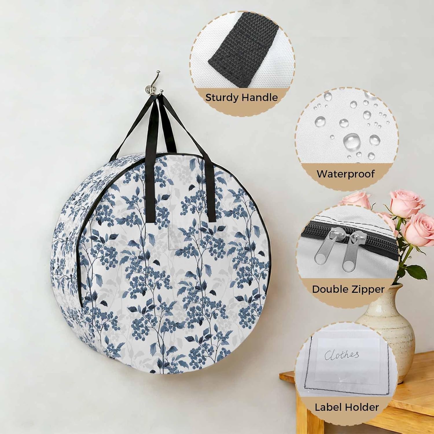 Storage Bag Blue Fruit Round Storage Totes Bins Closet Organizers with Zippers & Handle Berry Leaves Nature Clothes Storage Container for Bedroom Dorm Space Saving Packing Supplies Moving Bags