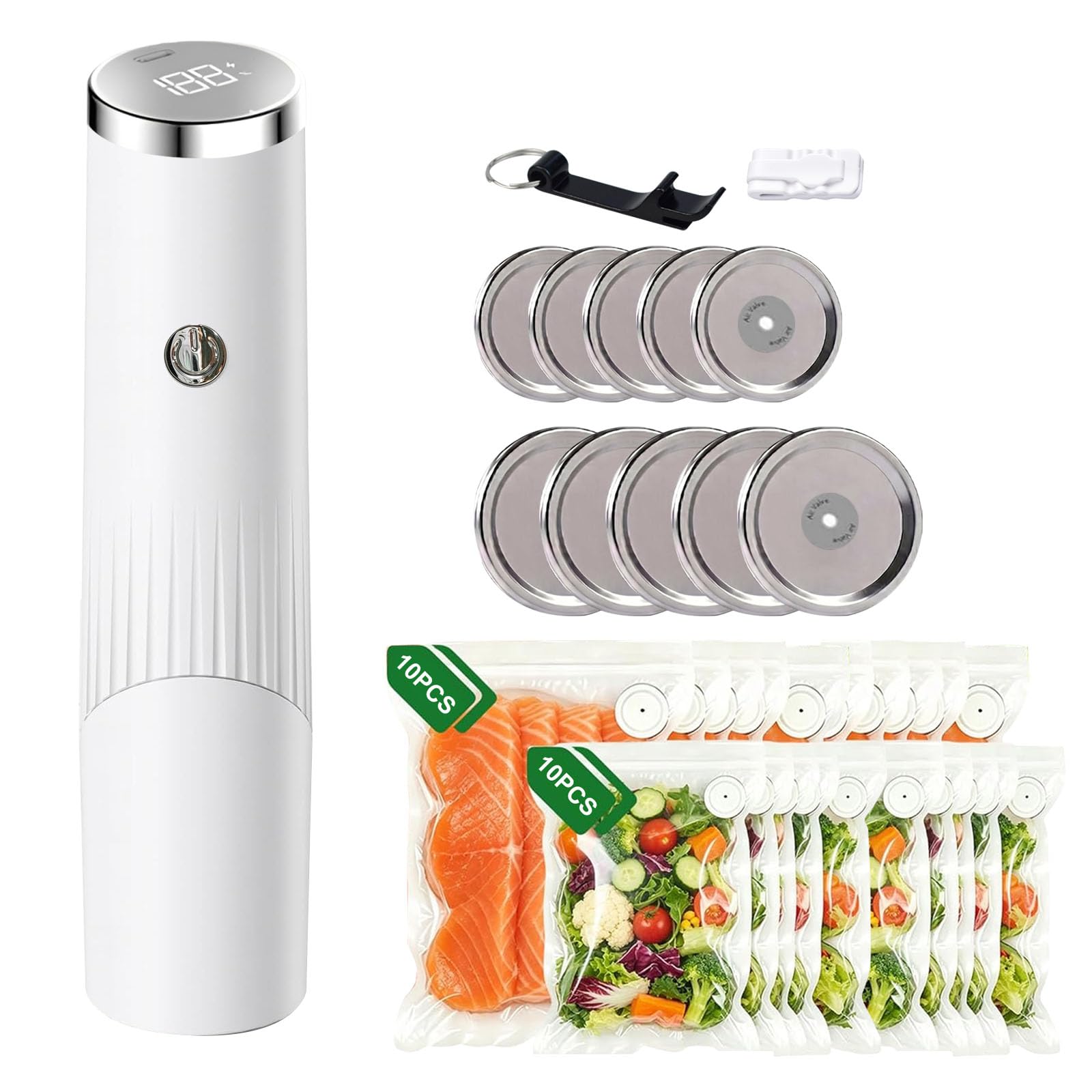 Envasadora al vacío pequeña, inalámbrica, completamente automática, para alimentos, con 20 bolsas de vacío reutilizables, sellador al vacío para vasos con 10 tapas de Mason Jar, para viajes, oficina y