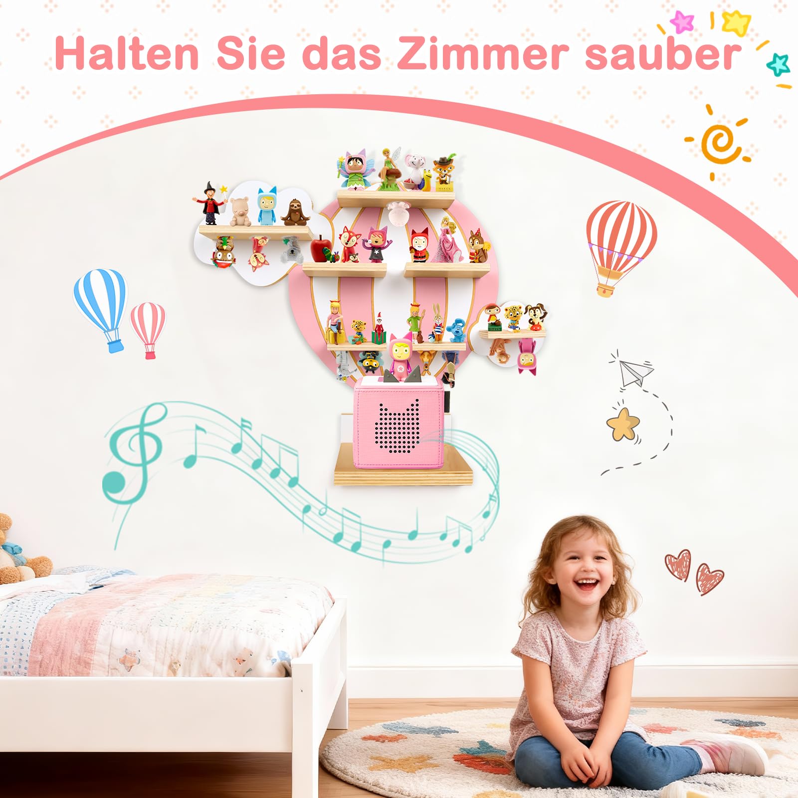 Tonie Regal Heißluftballon & Wolken, Wandregal Standregal für Toniebox & Figuren, Toniebox-Regal für Mädchen Jungen, Perfekte Aufbewahrung im Kinderzimmer, Zubehör für Toniebox 1 & 2 Starterset, Rosa