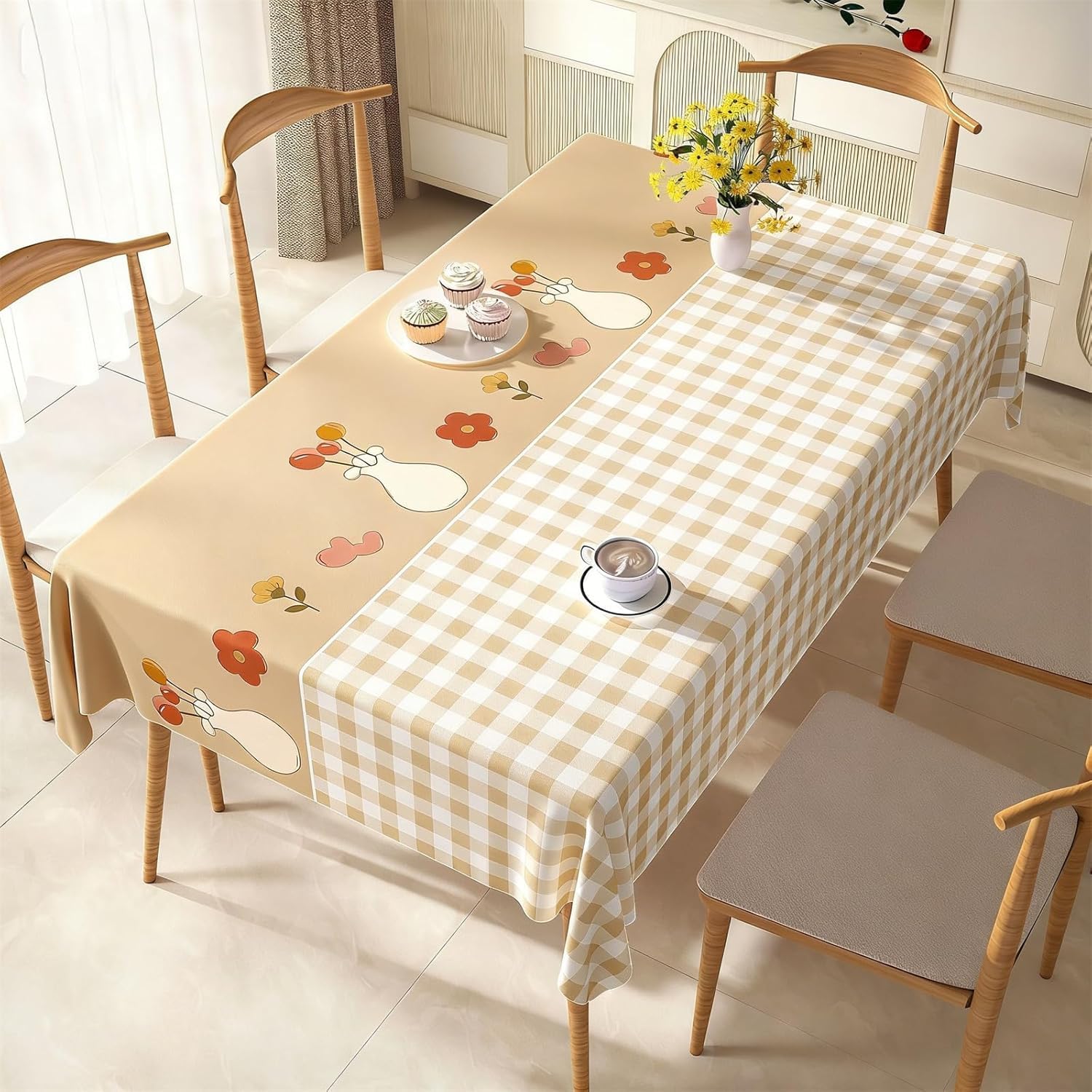 KIJyfgTR Rectangular Tablecloth With A Checked Floral Pattern Kitchen Worktop Decoration(Khaki,140x260cm)