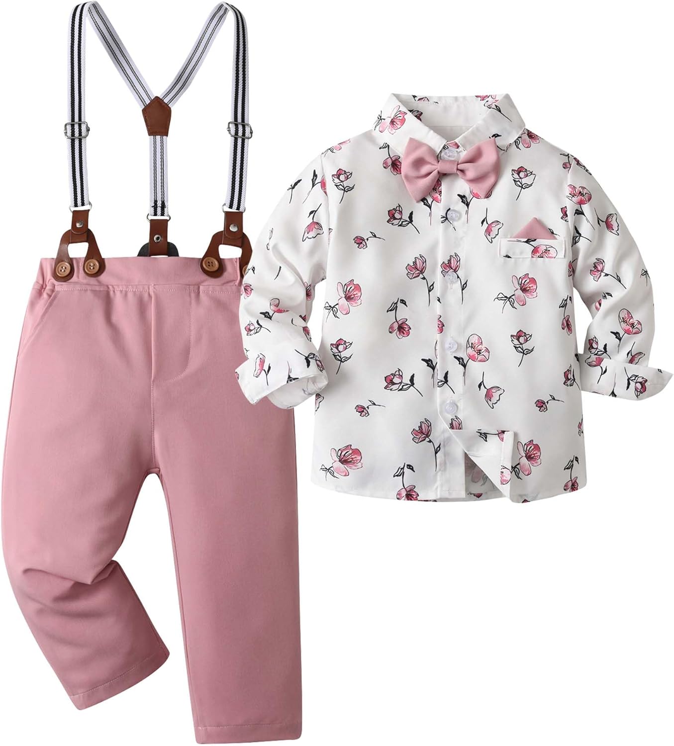 Baby Boys Pants Sets, Infant Long Sleeve Shirt + Pants + Bow Tie + Suspenders,Toddler Gentleman Outfits