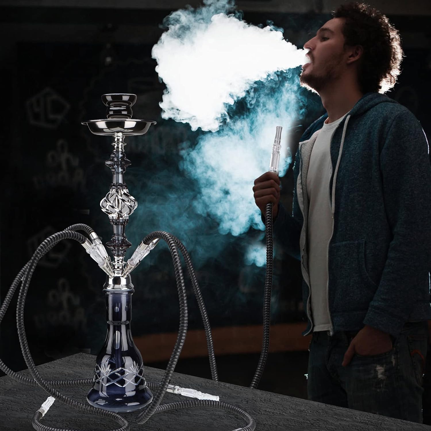 Hookah Set With Everything 4 Hose - GRENAOH 22" Premium Hookah Shisha set with Everything Glass Vase, Ceramic Bowl and Coal Tongs Ashtray (4-Pink)