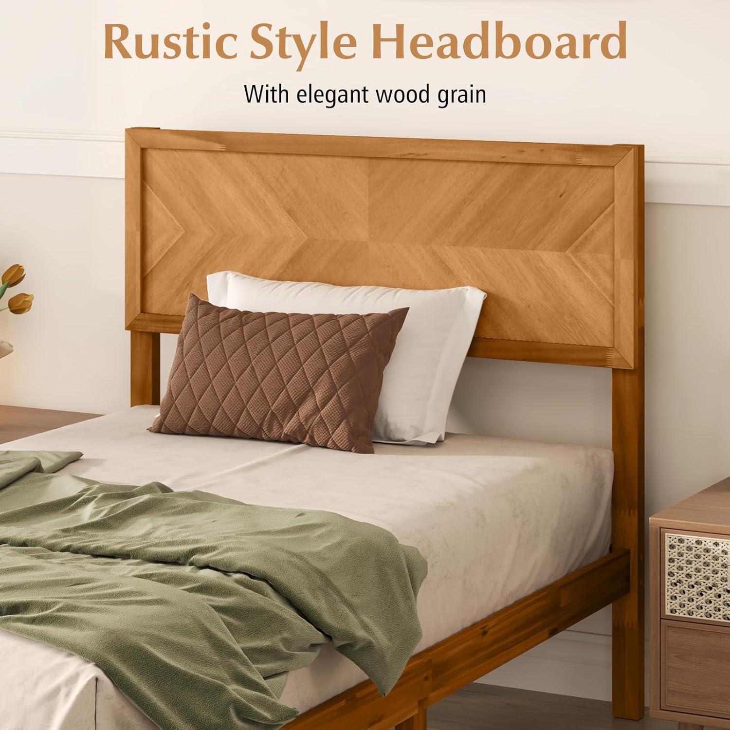 KOMFOTT Twin Size Wood Bed Frame with Headboard, Solid Acacia Wood Platform Bed Frame, Wooden Slats Supported Bed Base with Under-Bed Storage Space, No Box Spring Needed Mattress Foundation