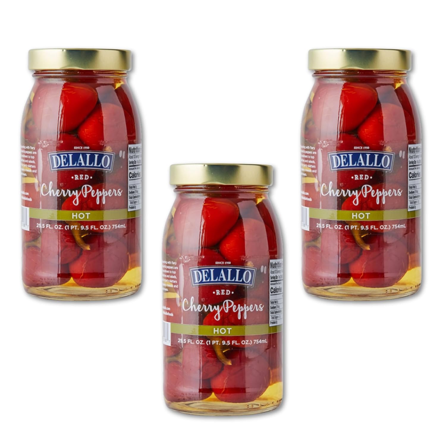 DeLallo Red Hot Cherry Peppers, Pickled and Packed in Vinegar Brine, Spicy Sweet Flavor, Naturally Cured, Non-GMO, Gluten Free, Vegan, 25.5 oz Jar (3 Pack)