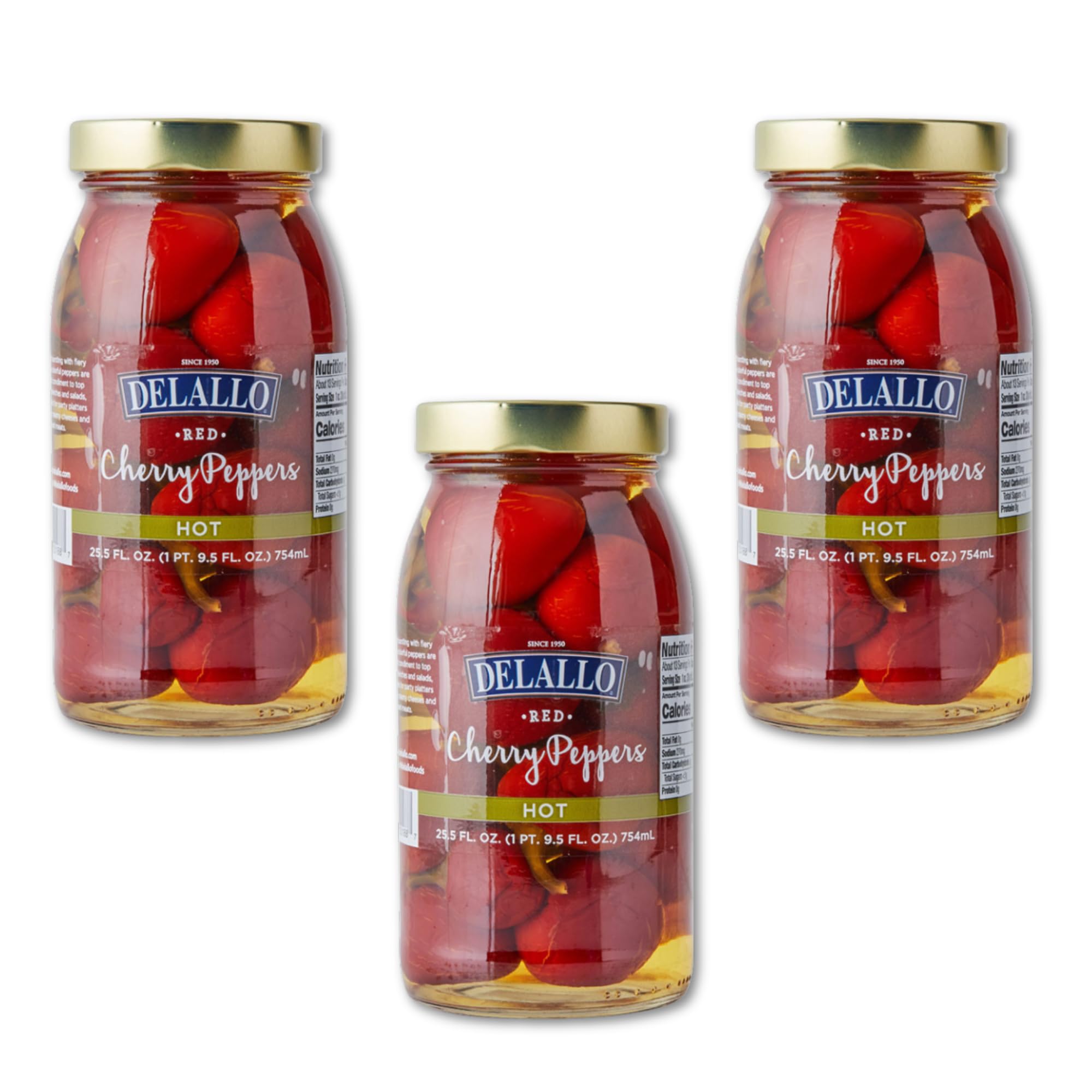 DeLallo Red Hot Cherry Peppers, Pickled and Packed in Vinegar Brine, Spicy Sweet Flavor, Naturally Cured, Non-GMO, Gluten Free, Vegan, 25.5 oz Jar (3