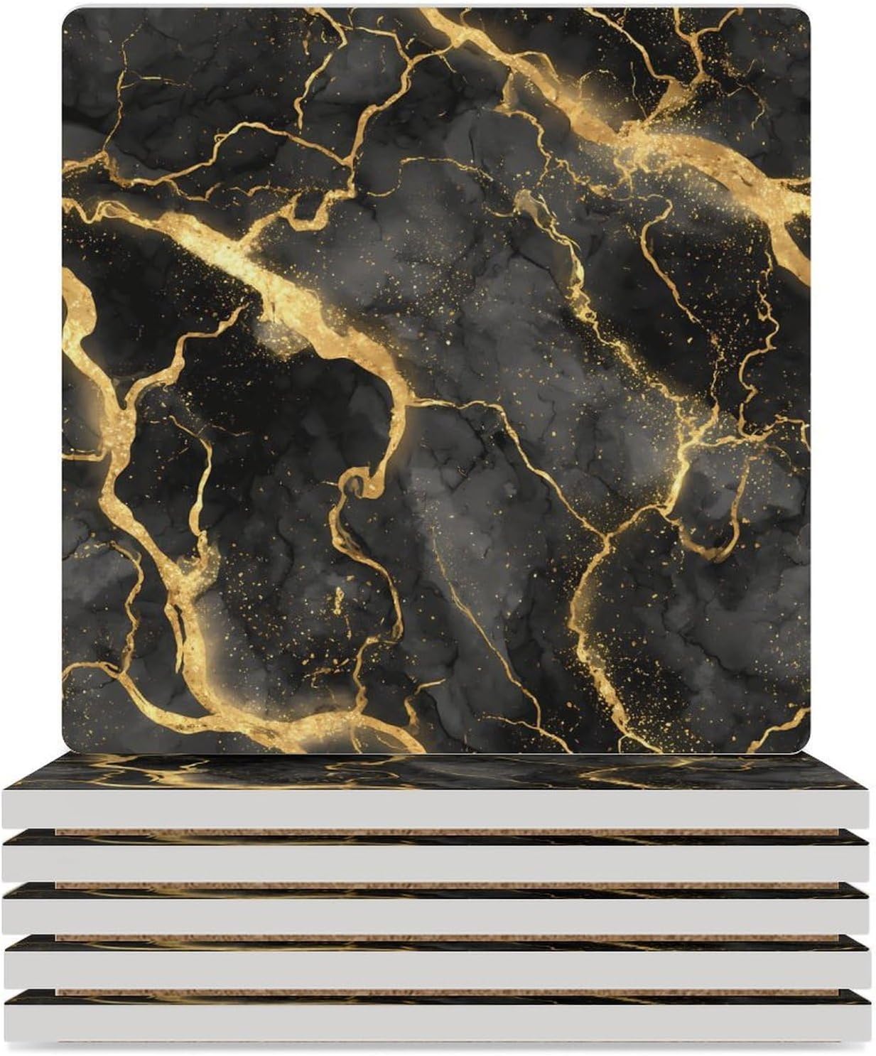 Black and Gold Marble Coaster for Drinks Square Ceramic Table Coasters Stone Mat Crafts 6PCS Home Kitchen Decor