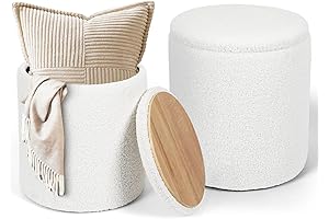 2 Set Round Ottoman Storage, Boucle White Teddy Ottoman for Makeup Vanity...