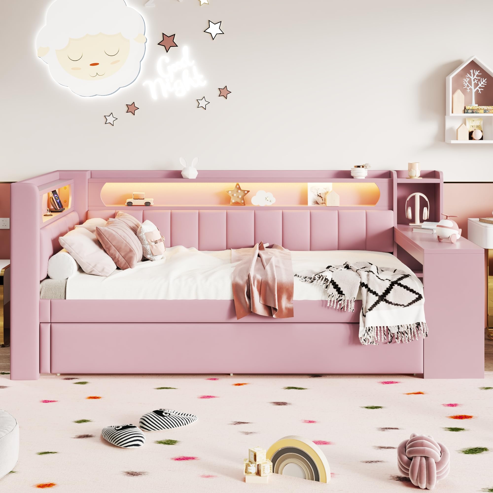 Merax Kinderbett 90x200 cm Einzelbett mit gepolstertem Kopfteil, LED-Ablagefach, Multifunktionsbett mit Schreibtisch, USB-Steckdose und Ausziehbett, Holzbett mit Lattenrost (Ohne Matratze), Rosa