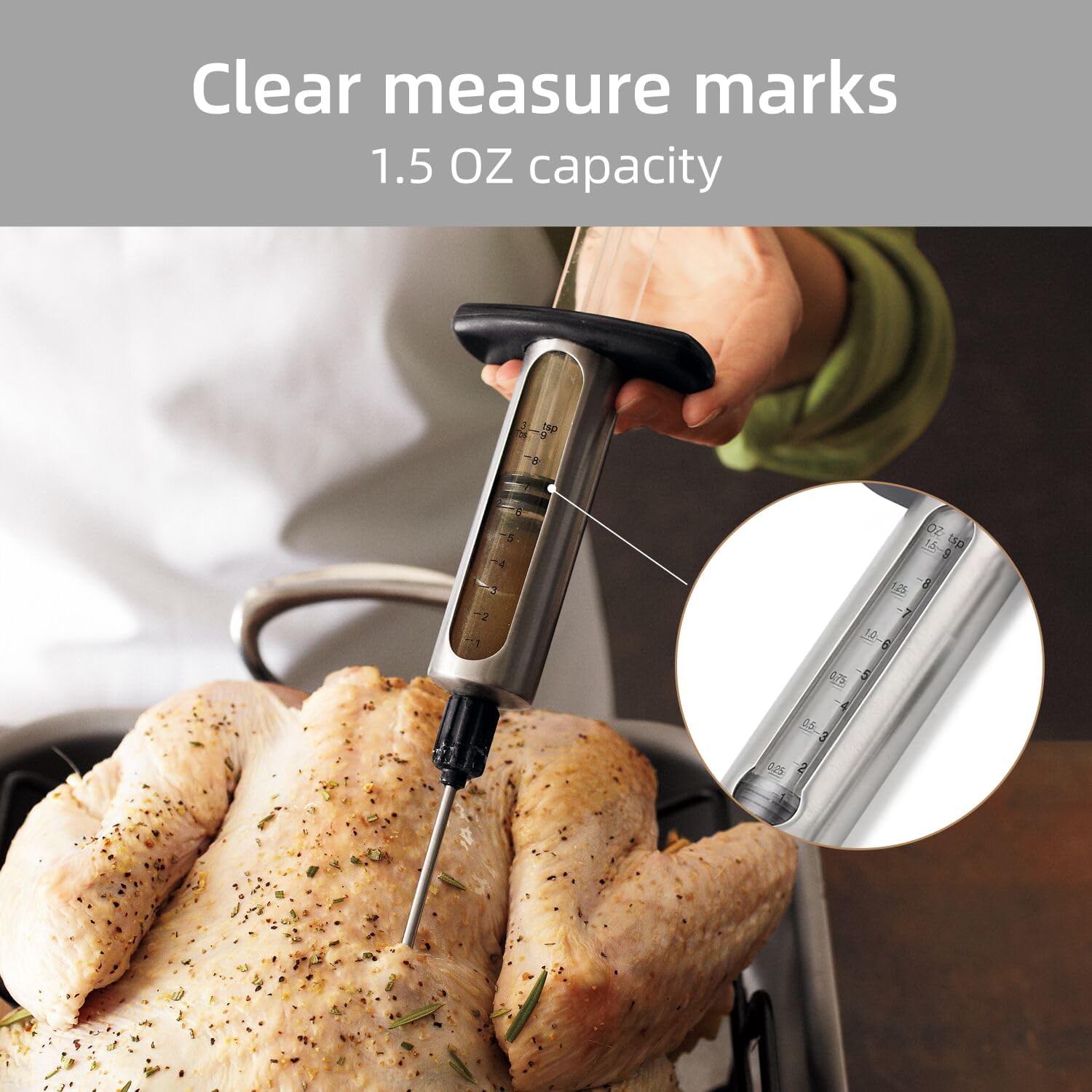 Kitchen Meat Injector, Leak-Proof Stainless Steel Flavor Marinade Syringe with 2 Different Needles and 1.5-oz Measurement Window,Perfect for Smoking, Frying, and Brining Meat for Deep Seasoning(MI-01) - Image 4
