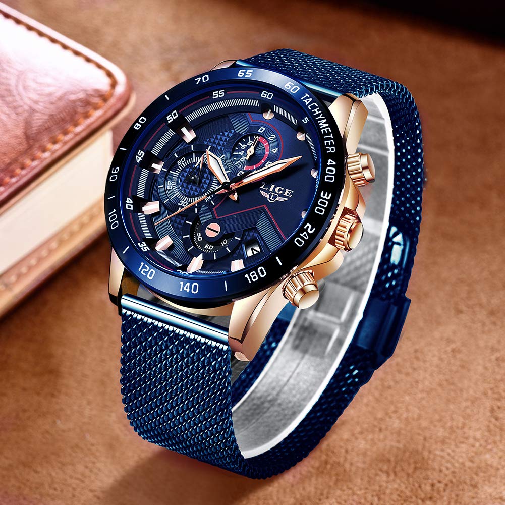 LIGE Cronografo da uomo Impermeabile Analogico Quarzo Orologi…, Blu, cinturino, Blu, Bracciale