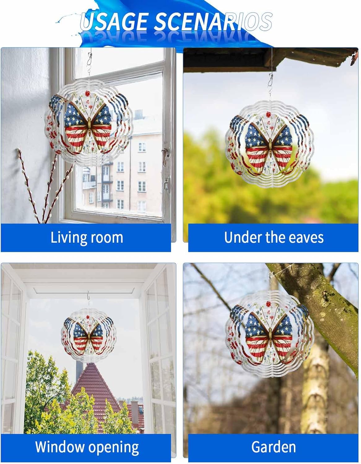 Retro American Flag Butterfly Wind Spinner for Garden Yard 3D Stainless Steel Hanging Wind Spinners, Independence Day Grey Plaid Flower Spinners Outdoor Metal Decor for Lawn Patio Home