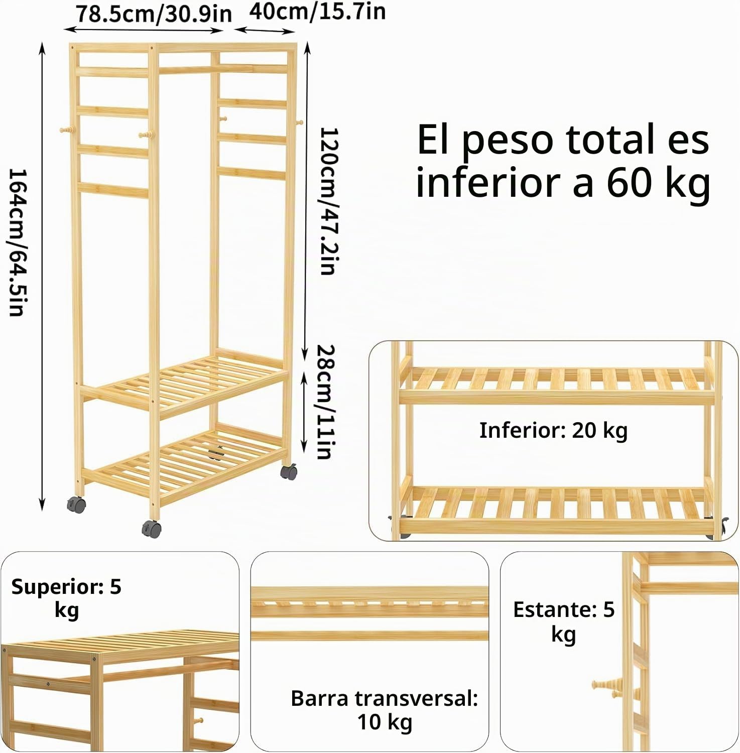 unho Armario Abierto con Ruedas, Perchero Burro de Madera Bambú Perchero de Pie con 2 Estantes y 4 Ganchos para Ropa Zapatos Bolsas para Dormitorio Entrada Salon 78 x 41 x 169 cm