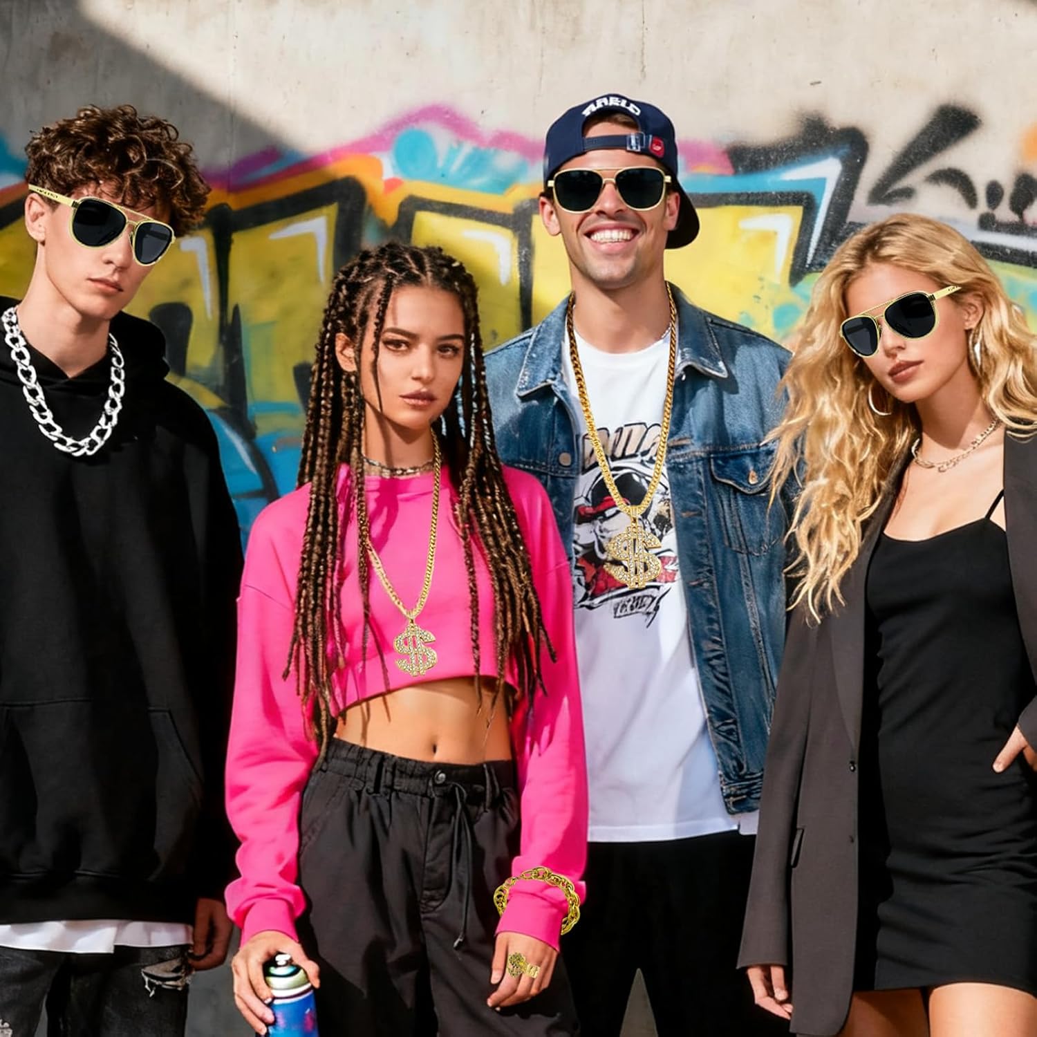 80s 90s Hip Hop Costumes Accessories Outfit Fake Gold Chain Necklace Dollar Sign Costume Kit Rapper DJ Accessories Hippie Glasses for Hippie Rapper Disco Outfit - Image 6