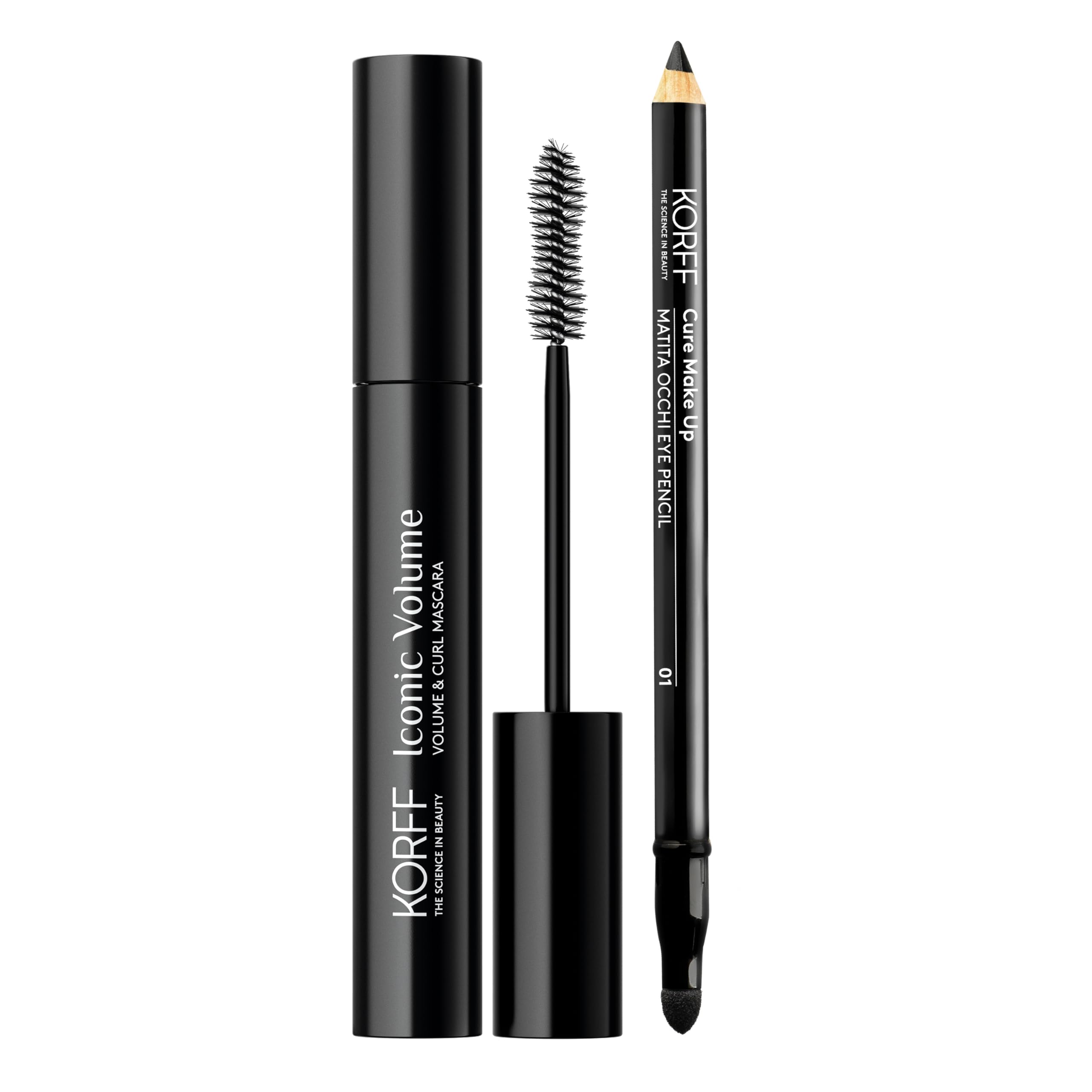 Korff, routine sguardo definito e ciglia volumizzate, con Iconic Volume Mascara e Matita Occhi Cure Make-up Nera