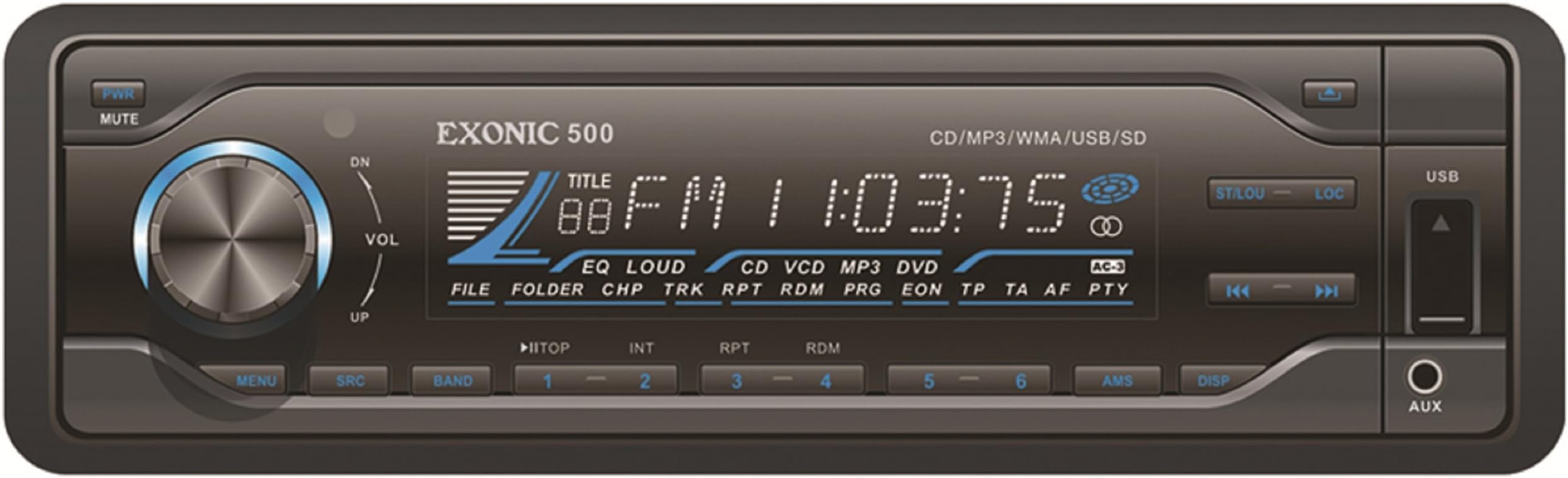 Exonic 500 Flip-Down WMA/MP3/CD Detachable Receiver with USB, SD/MMC and Remote