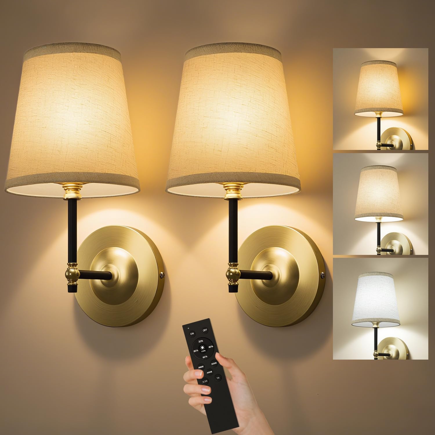 2 Stück Akku Wandleuchte Innen mit 5000 -mAh -Lampe, Batteriebetriebener Nicht Verdrahteter Wandlampe, 3 Farbtemperatur Stoffschatten Wiederaufladbare Wandleuchte für Schlafzimmer Wohnzimmer