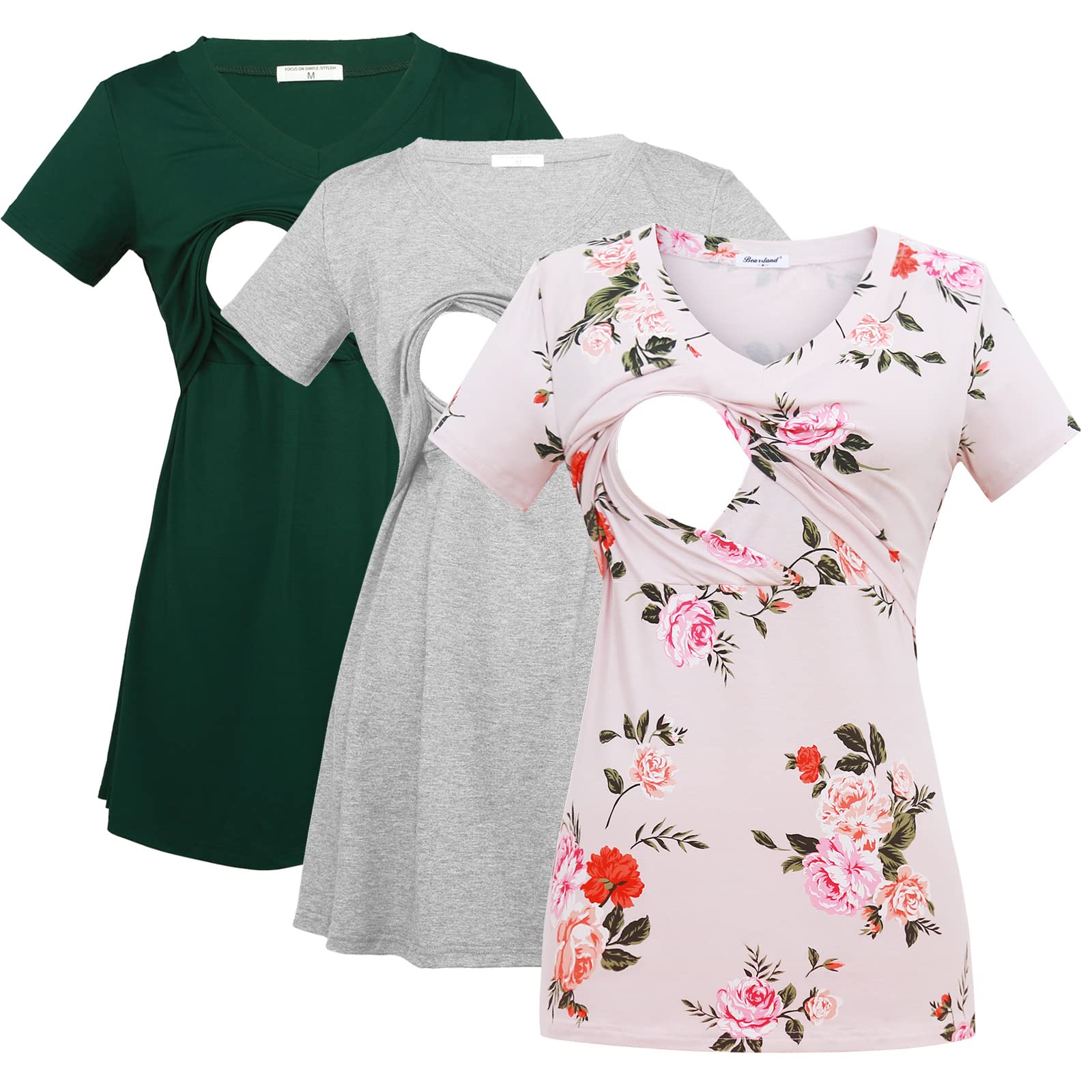 BearslandWomens 3 Packs V Neck Nursing Tops Maternity Breastfeeding Tee Shirts, Dpgreen+ltgray+newpinkf(3pcs), L