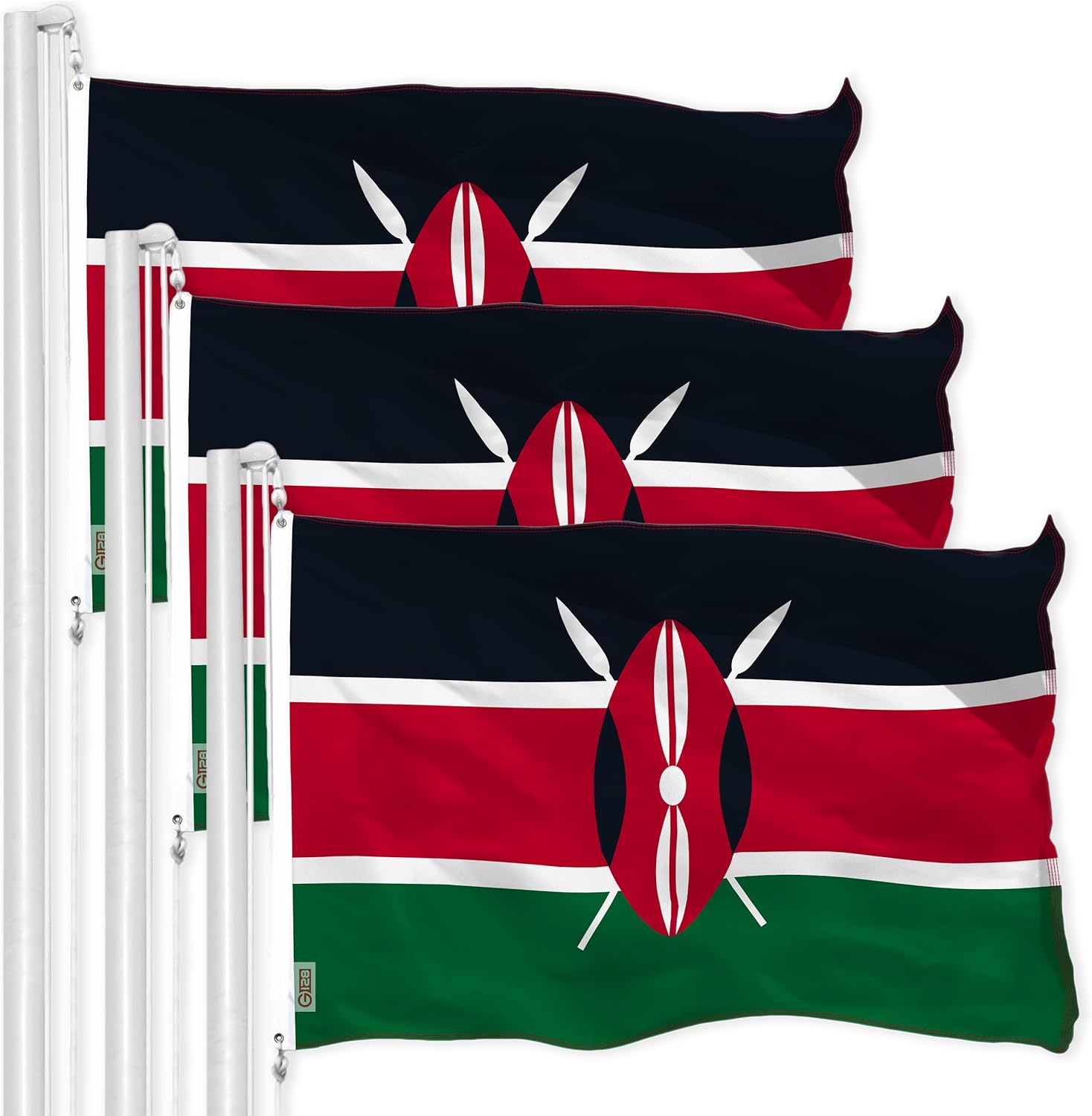 G128 2 Pack: Kenya Kenyan Flag | 3x5 Ft | LiteWeave Pro Series Printed 150D Polyester | Country Flag, Indoor/Outdoor, Vibrant Colors, Brass Grommets, Thicker and More Durable Than 100D 75D Polyester