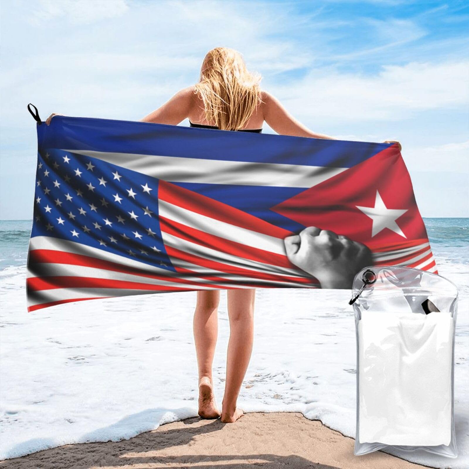 HACXZ Beach Towel America Flag and Cuba Flag Microfiber Beach Towel Lightweight Absorbent 31.5"X63"