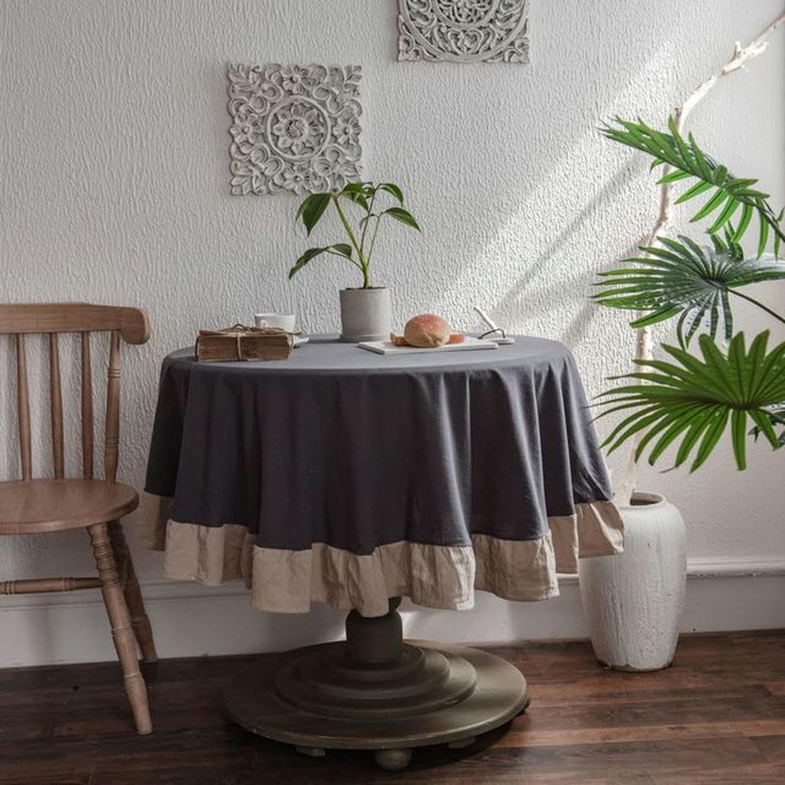 QQLADY French Simple Ruffle Tablecloth Cotton Linen Table Cover Round Tea Table Literary Retro Party Decoration
