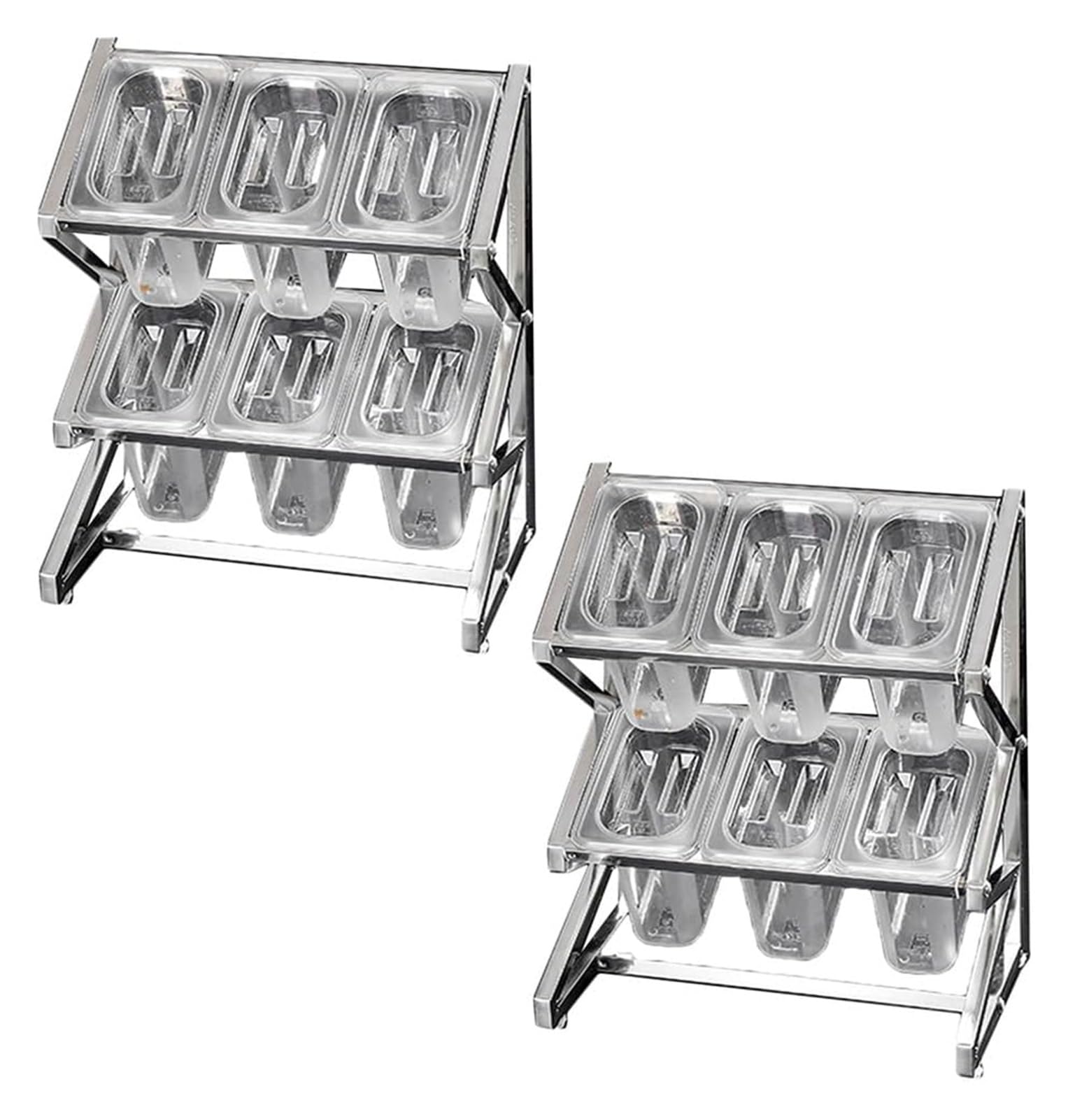 Stacja do polewania pizzy, puszki na przyprawy, 2-rzędowy przezroczysty stojący organizer na blat do przechowywania przypraw z zestawem pokrywek łyżek (srebrny) 60 x 20 x 40 cm