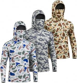 3 Pack Men's UPF 50+ Sun Protection Hoodie Fishing Shirt with Face Mask | Camo Graphic,Thumbhole,Moisture Wicking,Quick Dry,Breathable,Fishing,Hiking,Running,Yard Work,Beach