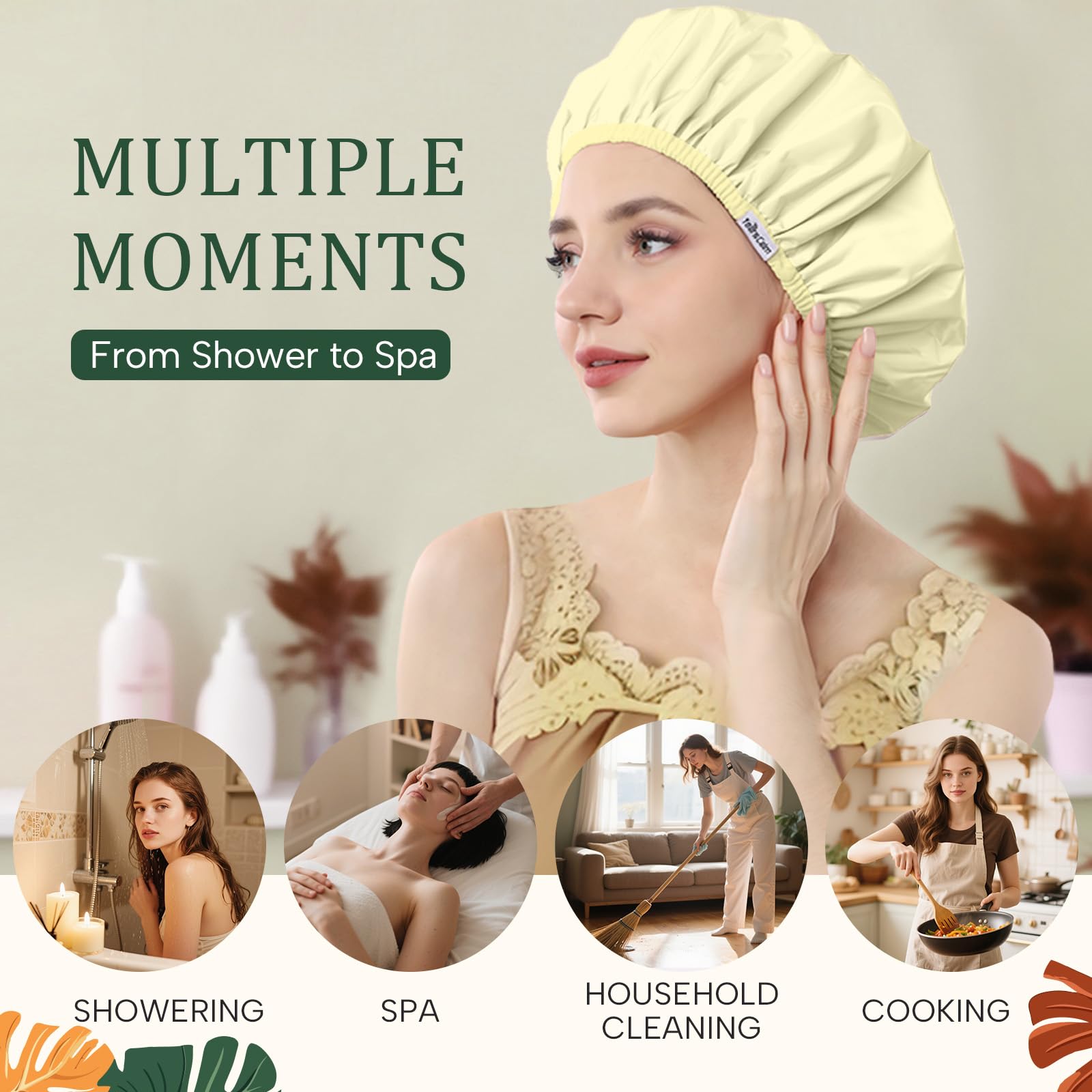 Years calm - Lot de bonnets de douche pour femmes réutilisables et imperméables – Bonnet élastique à double couche avec impression botanique tropicale pour la douche, le spa, les voyages, le bain et