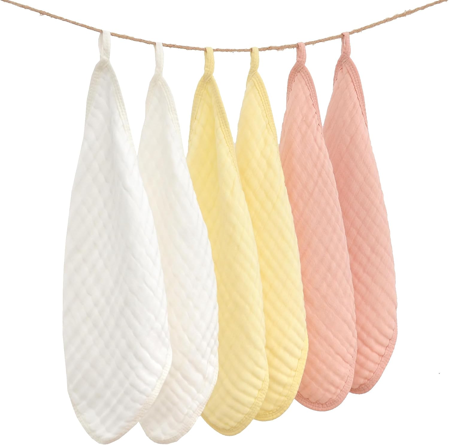 MUKIN Baby Washcloths, Soft Absorbent Cotton Burp Cloths, Burping Cloth for Newborn Sensitive Skin,12x12 inches, 6 Pack (Multicolor)