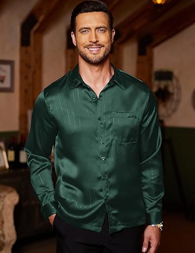 Miniatura 2 de COOFANDY Camisa de vestir de satén de lujo para hombre, de seda brillante, de manga larga, con botones, camisa de boda, fiesta, baile de graduación
