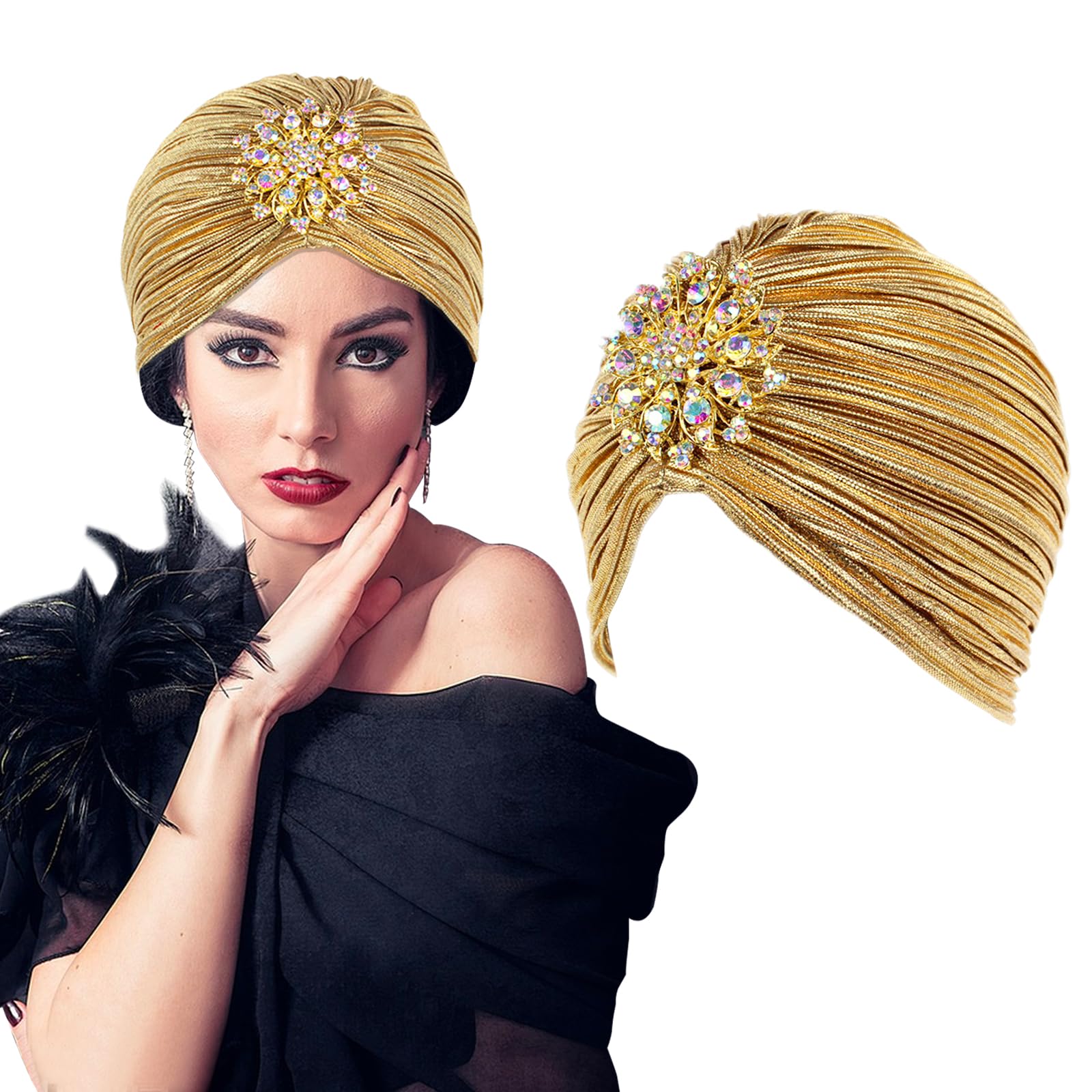 BOFUNX Gorro Turbante para Mujer Pañuelos Elástico de los años 20 con Broche de Cristal con Pliegues para Fiesta de Cóctel Halloween Carnaval Disfraces de Gatsby de 1920s Festival Vintage