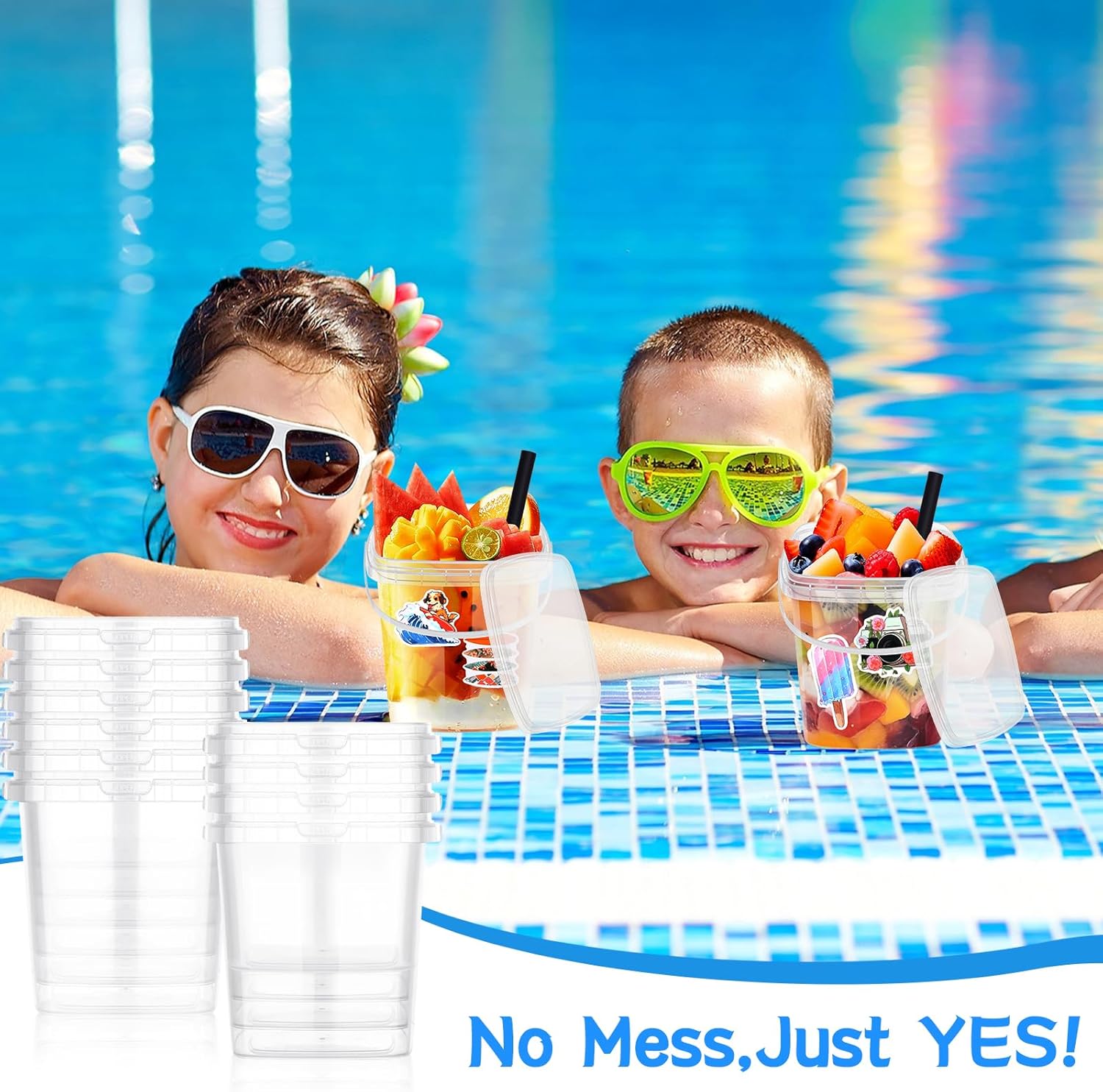 30 Pcs Drink Buckets with Lids and Straws 32 oz Square Rum Plastic Clear Coffee Lemonade Drinking Cocktail Bucket Cups with Lid 50 Summer Stickers for Pool Picnic Party