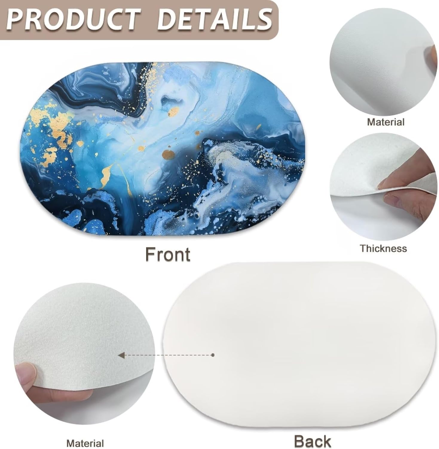 Blue Marble Pattern Oval TableMats, Thicken Placemats Set Outdoor Place Mats for Kitchen Table Washable Placemat Wipeable Dining Table Mats Easy to Clean Set of 6