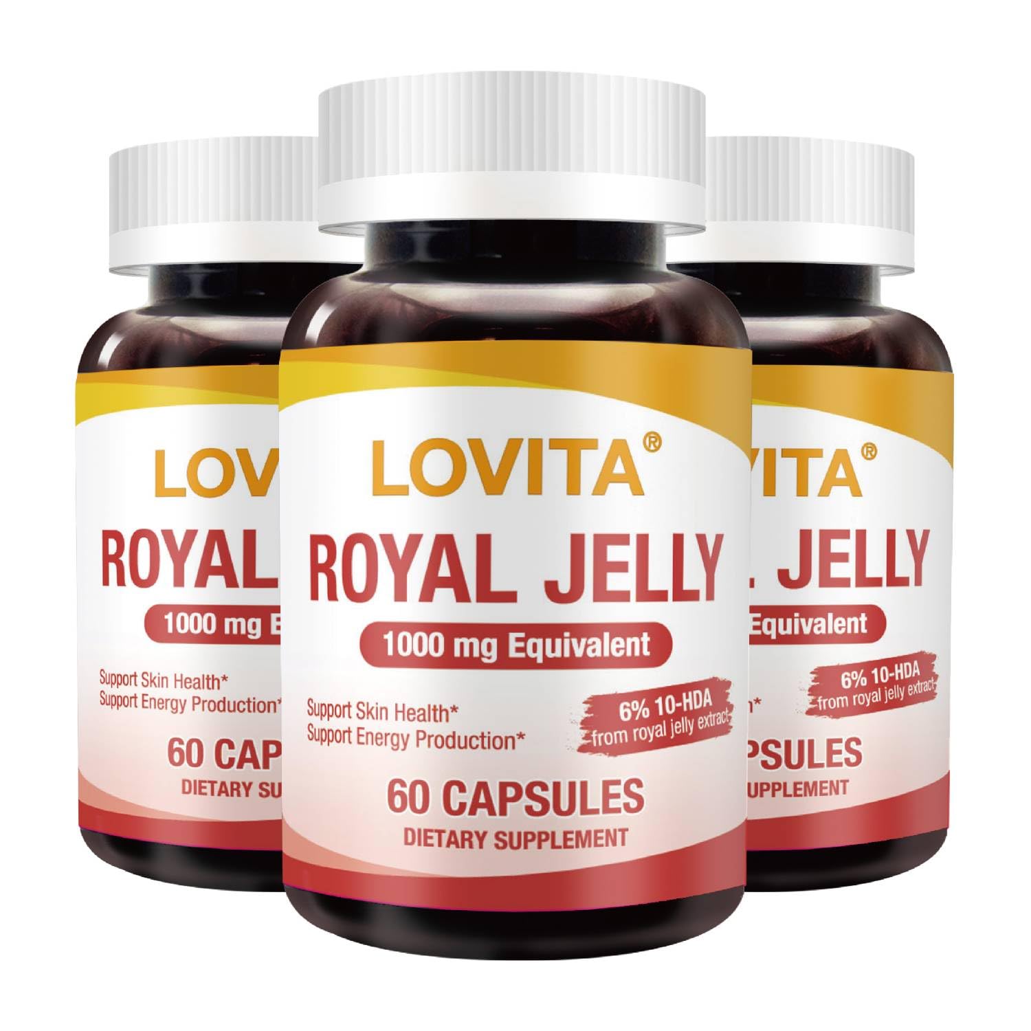 Lovita Royal Jelly 333 mg, 3:1 Concentrate, with 20mg 10-HDA, Natural Source Super Food, Supports Skin Health & Energy Production, 60 Capsules (Pack