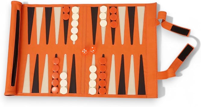 Handcrafted Roll-Up Leatherette Backgammon Set Portable Travel Board Game in Orange Finish