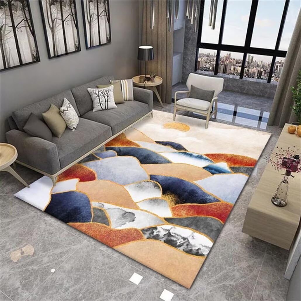 Tapis de salon 160x210 cm au paysage bleu, idéal pour réveiller la déco d'un séjour familial