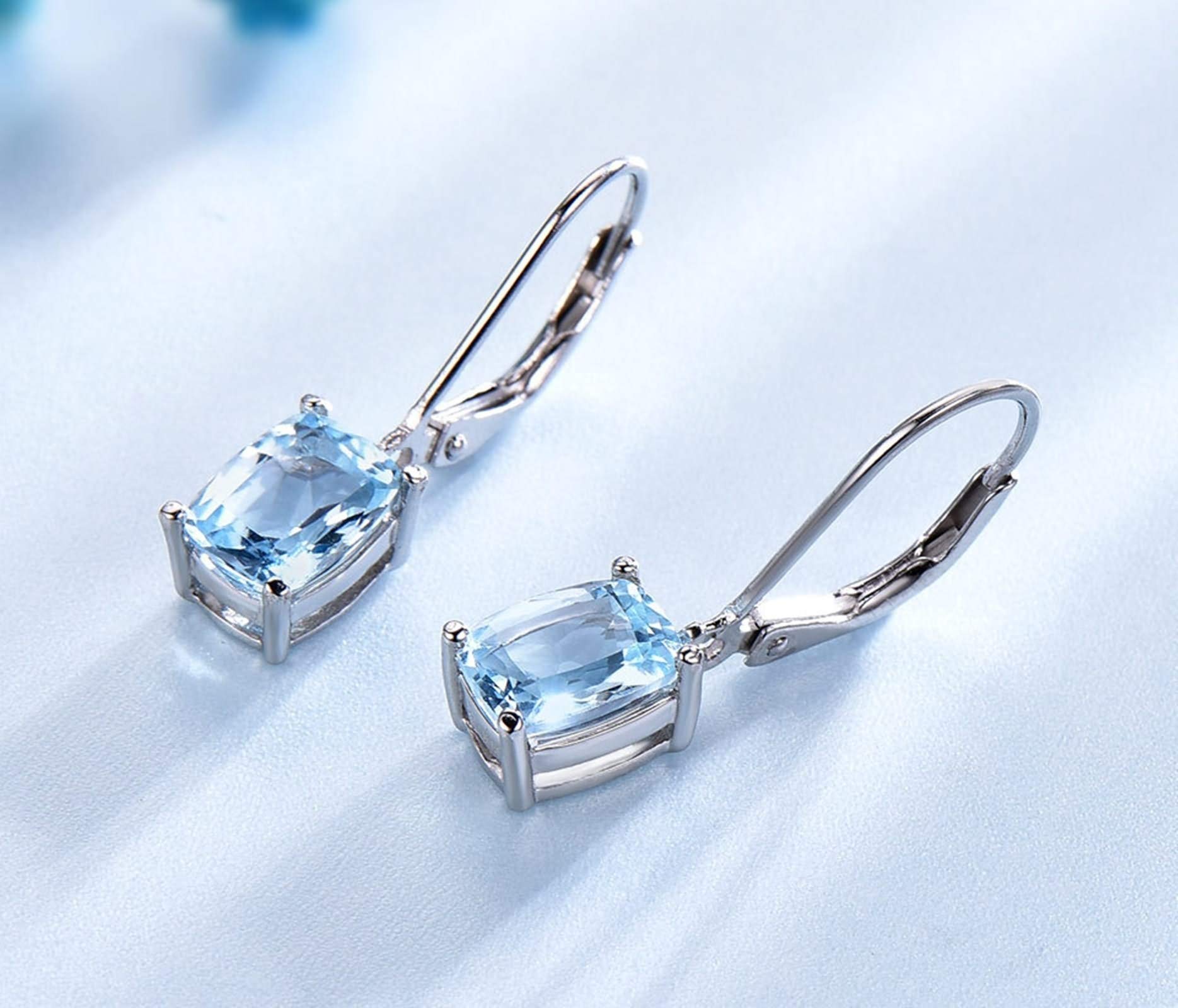 Lustige Ohrringe Damen Silber, Anhänger-Ohrringe Sterling Silber Ohrringe Rechteck Himmelblau Rechteckig Erstellt-Topaz Geschenke Für Frau