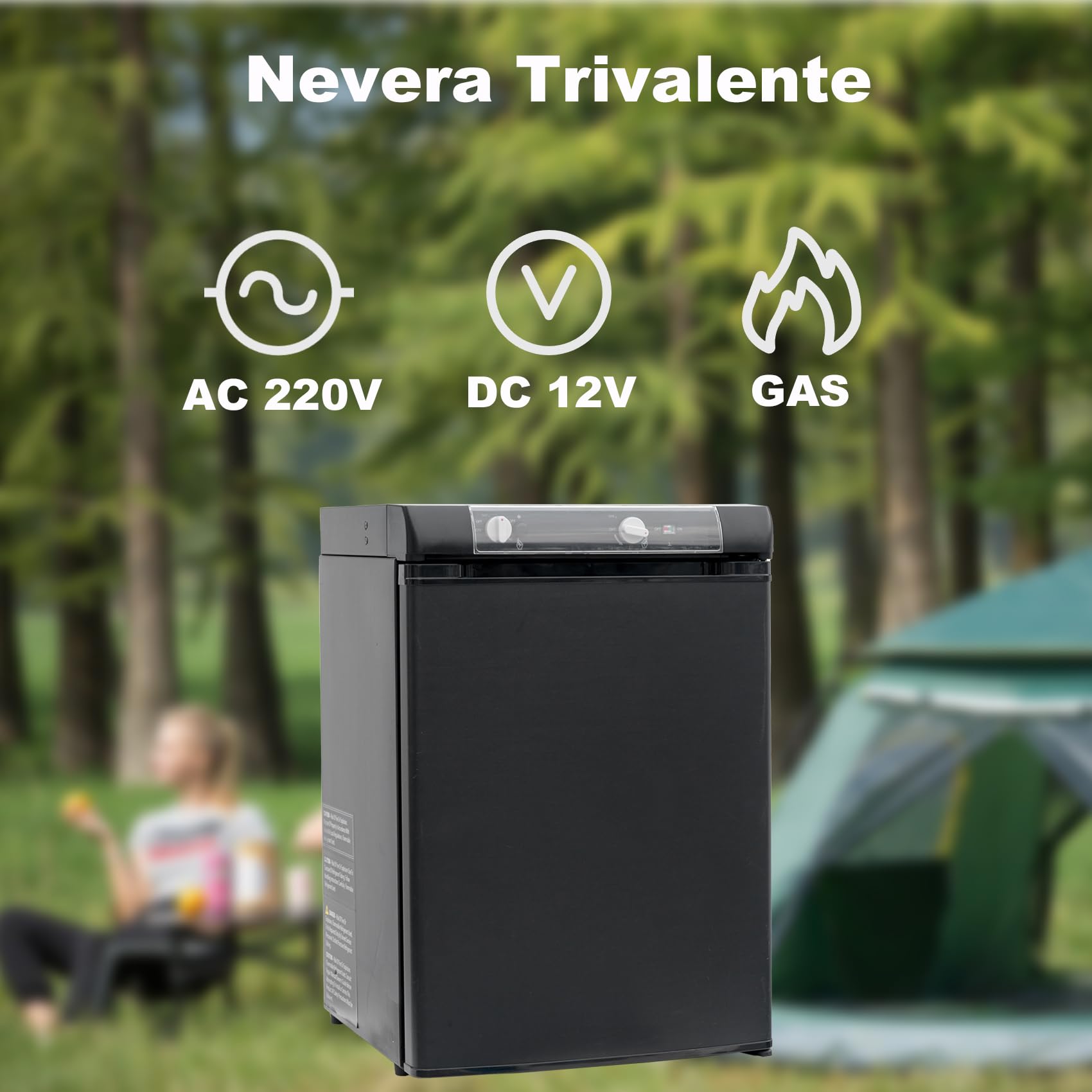 Nevera Trivalente 40L, Nevera de Gas Butano 12V 220V Gas, Nevera a Gas Butano para Camper, Camping, Camion, Furgoneta, Silencioso, Negro