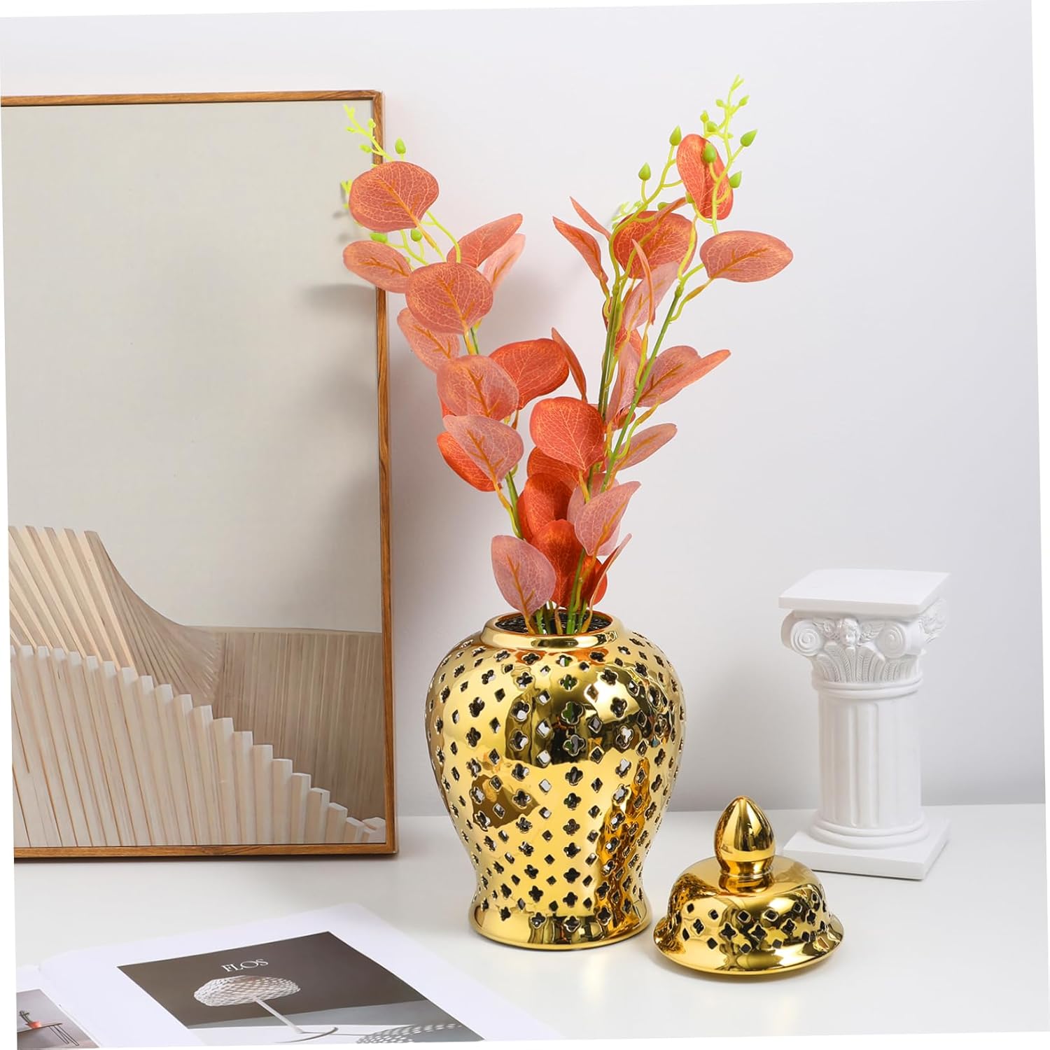 DECHOUS Delicate Hollow Ceramic Flower Vase Decorative Jar Multi Functional Porcelain Storage Container for Home Living Patio Wedding Shelf Decor